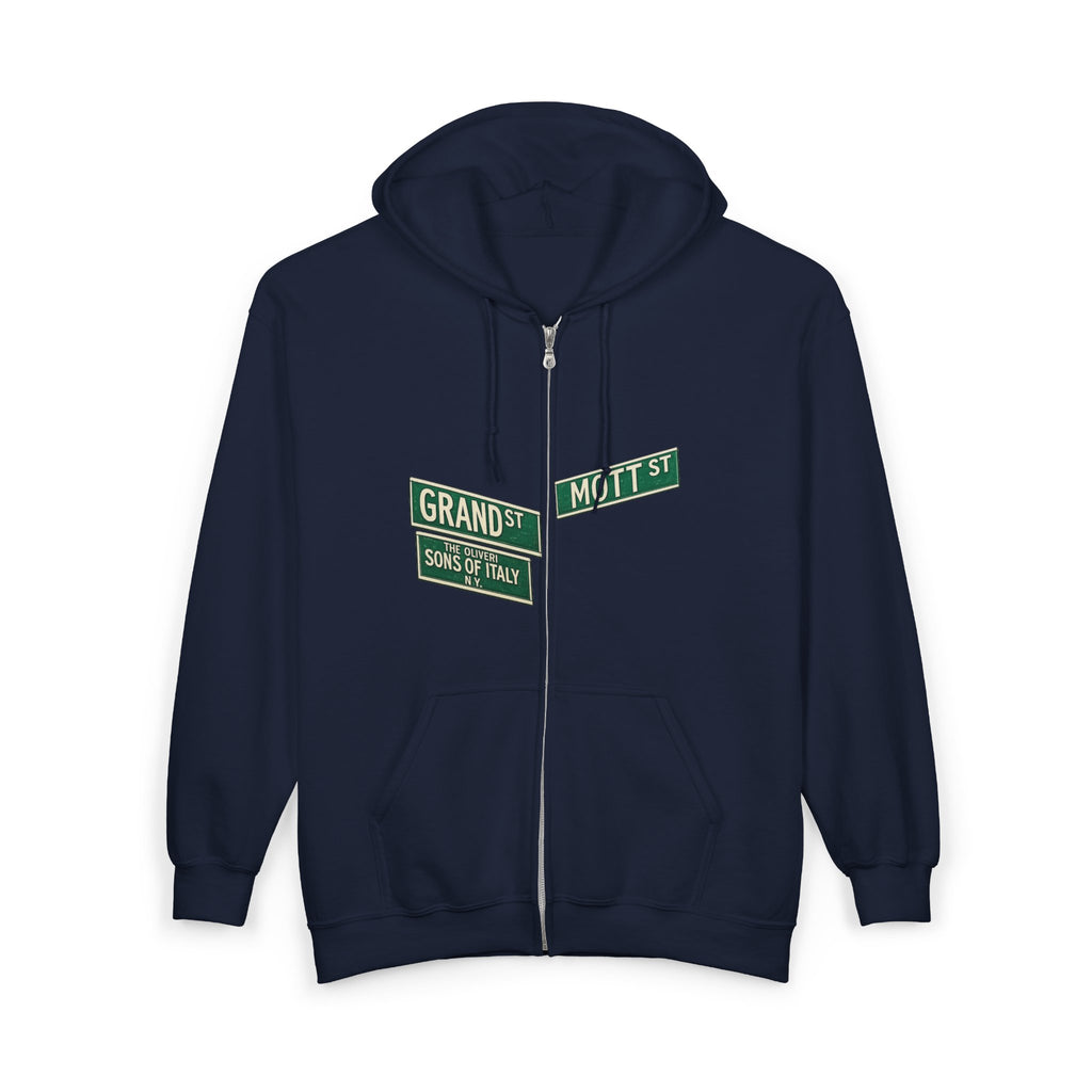 Little Italy Street Sign Zip up Hoodie | New York City Grand and Mott Sons of Italy Hooded Sweatshirt