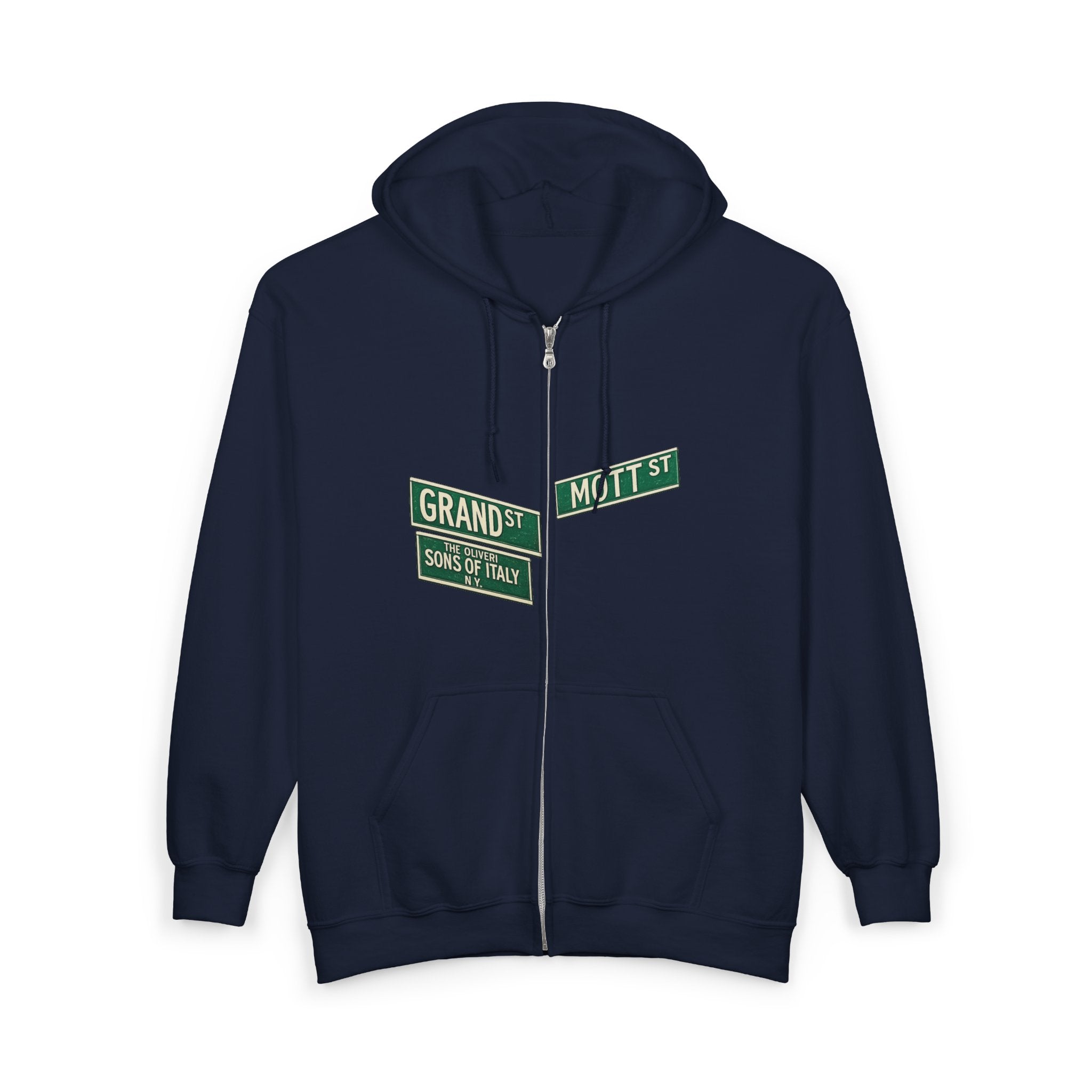 Little Italy Street Sign Zip up Hoodie | New York City Grand and Mott Sons of Italy Hooded Sweatshirt