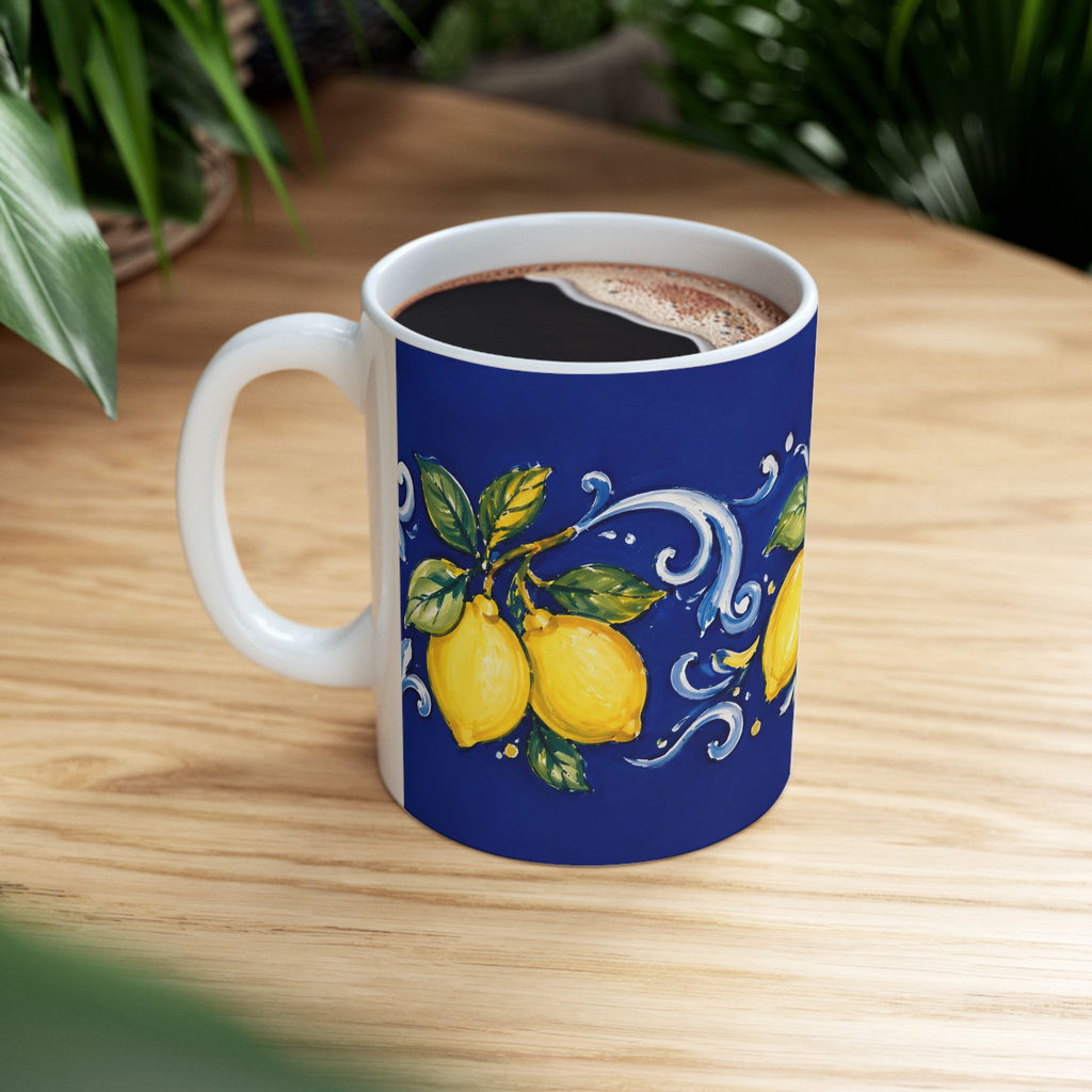 Little Italy Amalfi Blue with Lemon Mug — Italian Mediterranean Pattern Coffee Cup (11oz)