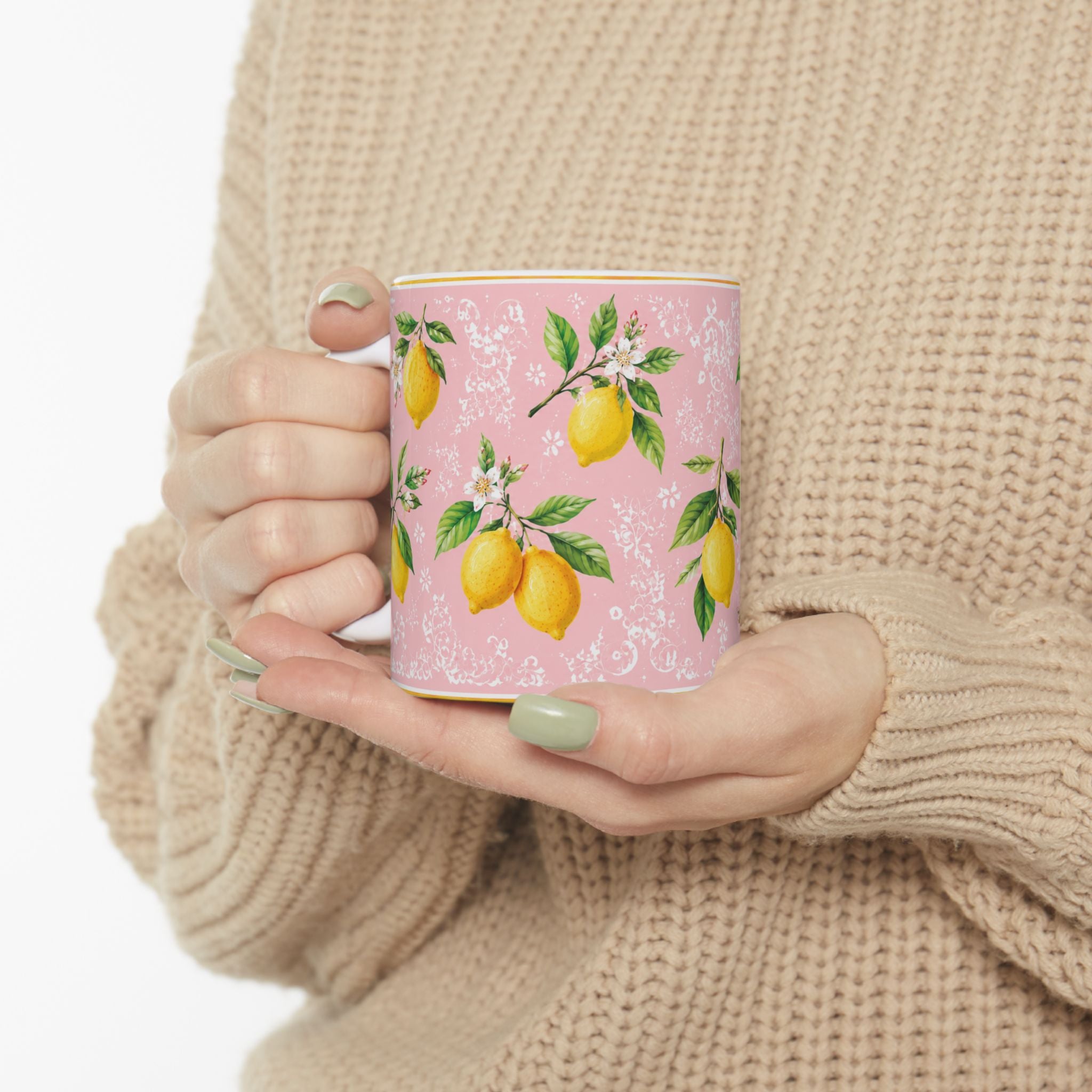 Little Italy Amalfi Pink with Lemon Mug 2 — Italian Mediterranean Pattern Coffee Cup (11oz)