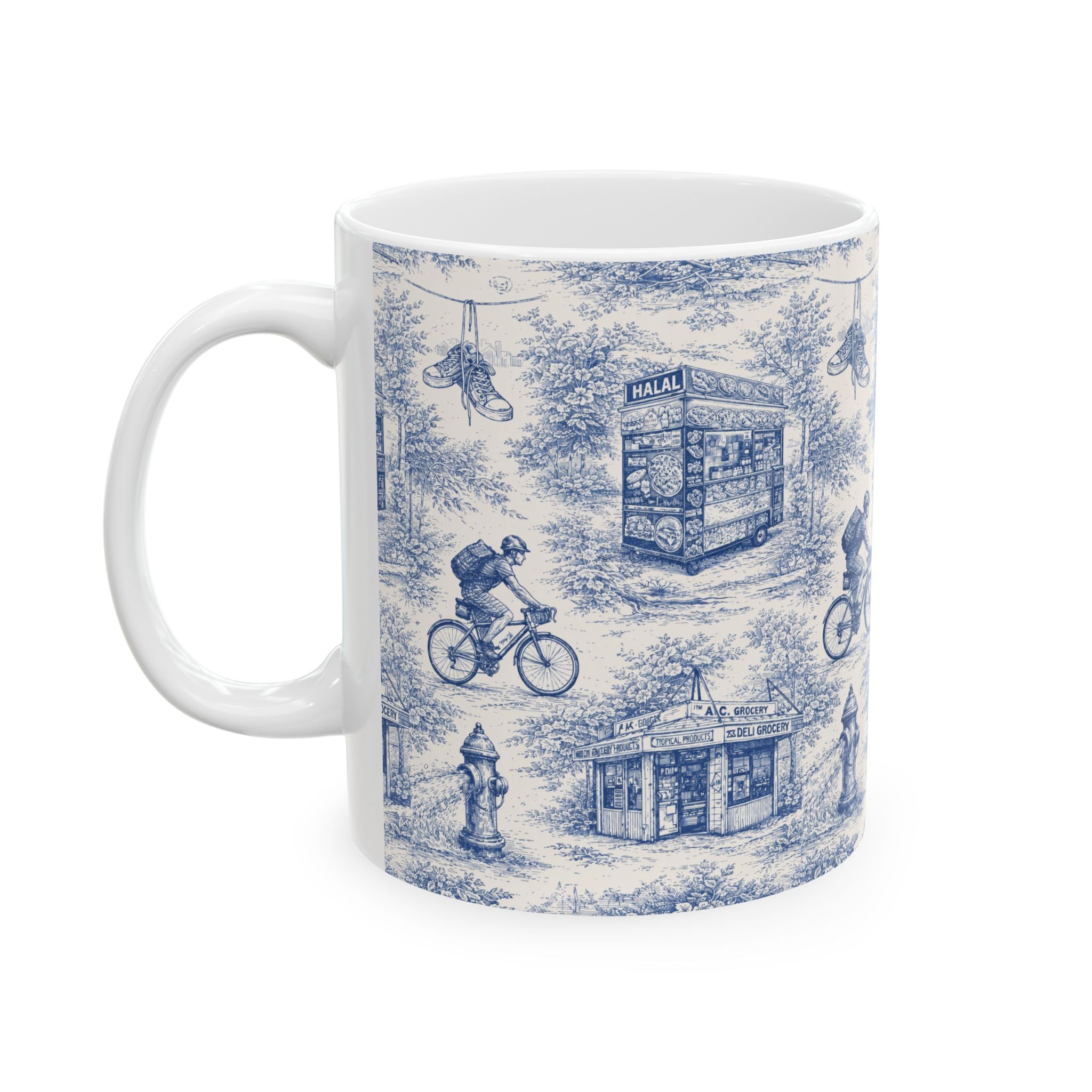 NYC Blue and White Toile City Scenes Mug | Chinoiserie Ceramic Coffee Cup