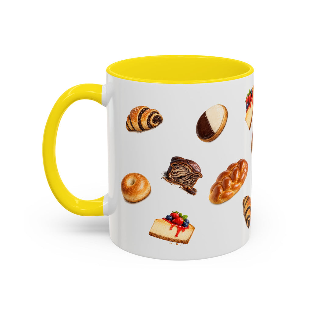 NYC Kosher Bakery Pattern Mug | Babka Cheesecake Rugelach Black + White Cookie Challah Bagel 11oz Ceramic Coffee Cup