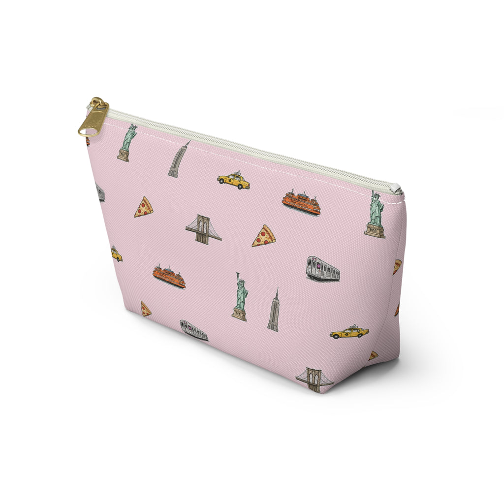 Icons of New York City Pink  Accessory Pouch — T-Bottom Makeup Bag with Statue of Liberty, Taxi & Pizza Pattern
