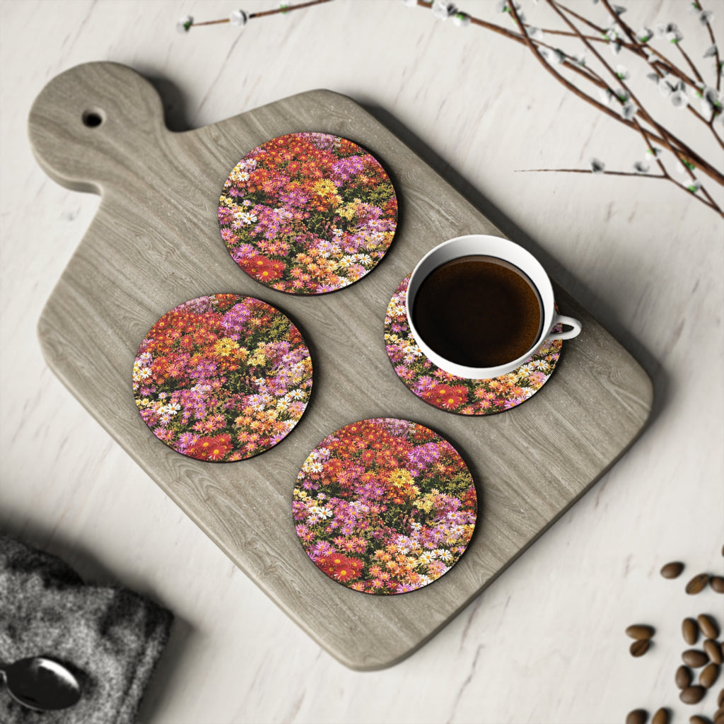 Central Park Korean Chrysanthemum Flowers Cork Back Coaster | Round Flower Pattern