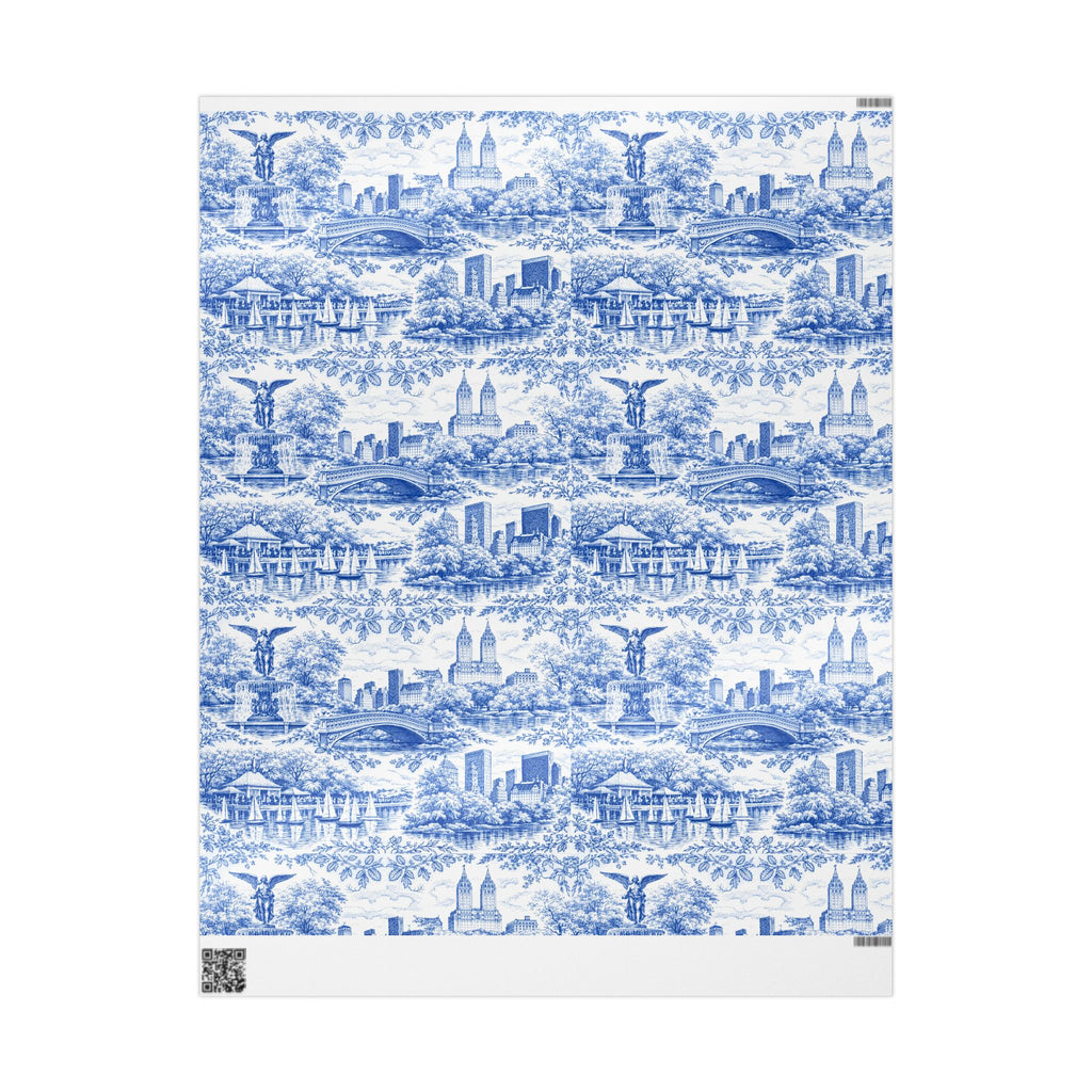 Central Park Blue Toile NYC Wrapping Paper | New York City Scenic Toile Pattern Roll