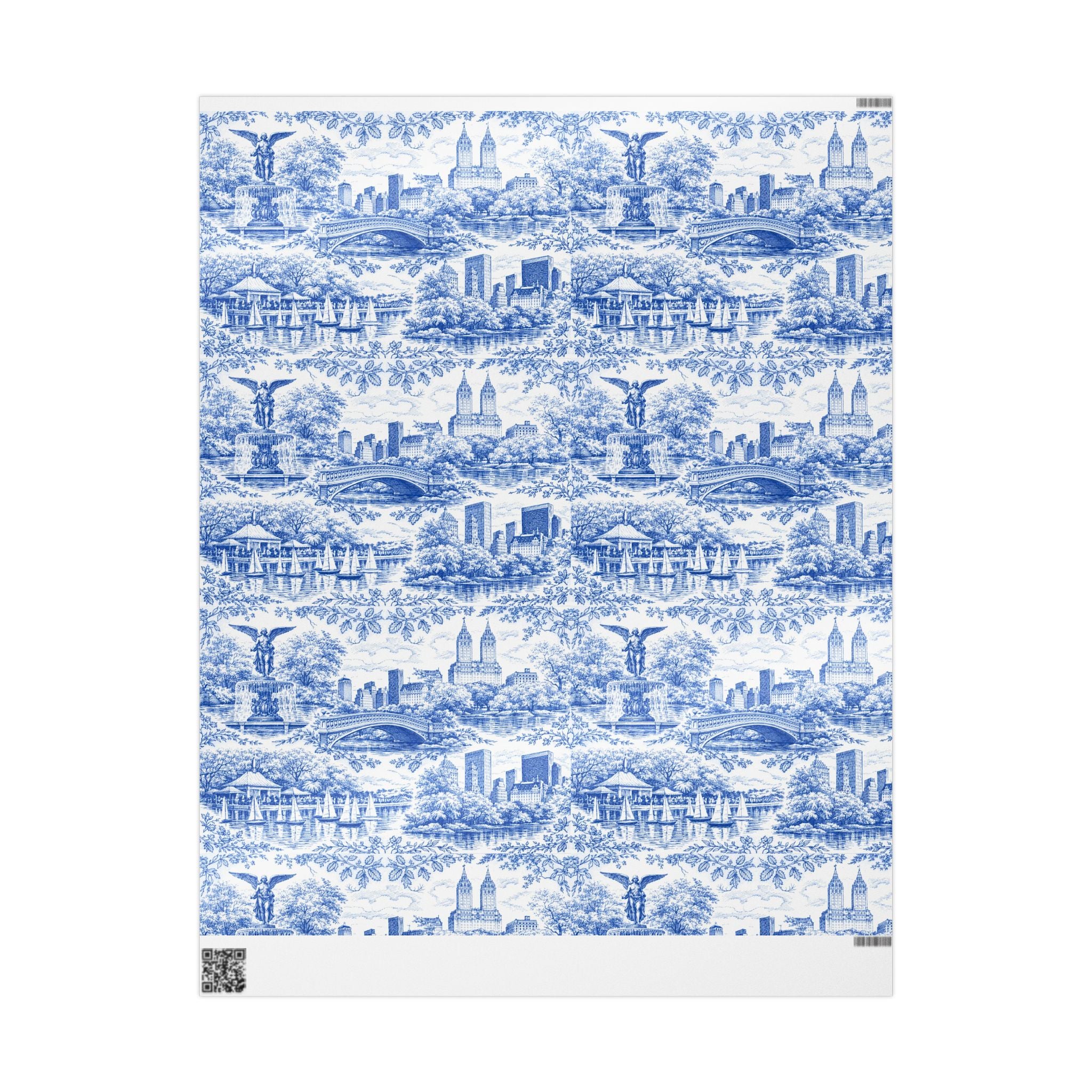 Central Park Blue Toile NYC Wrapping Paper | New York City Scenic Toile Pattern Roll