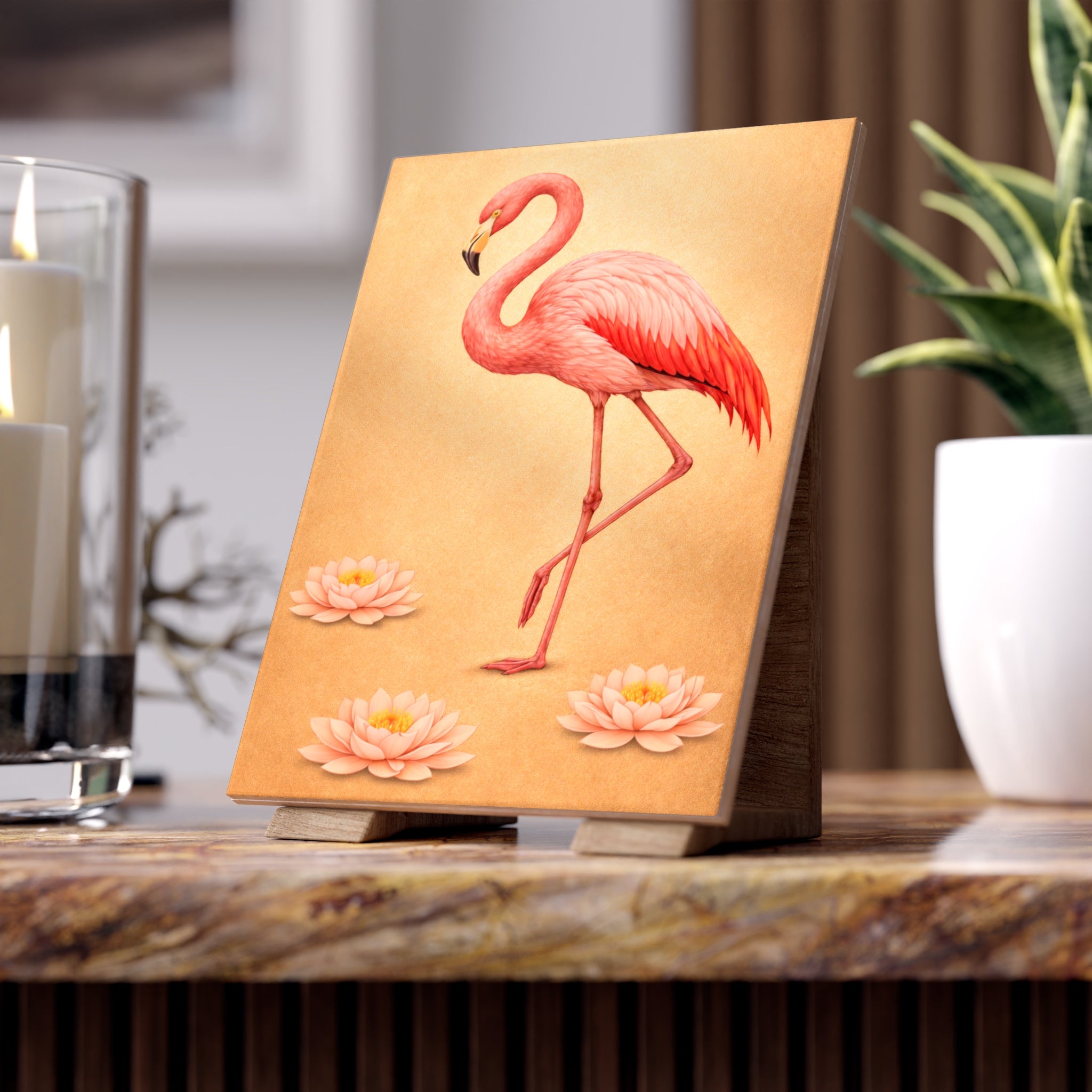 Bronx Zoo Art Deco Pink Flamingo on Gold Ceramic Shower Tile - Coastal Ceramic Bath Tile