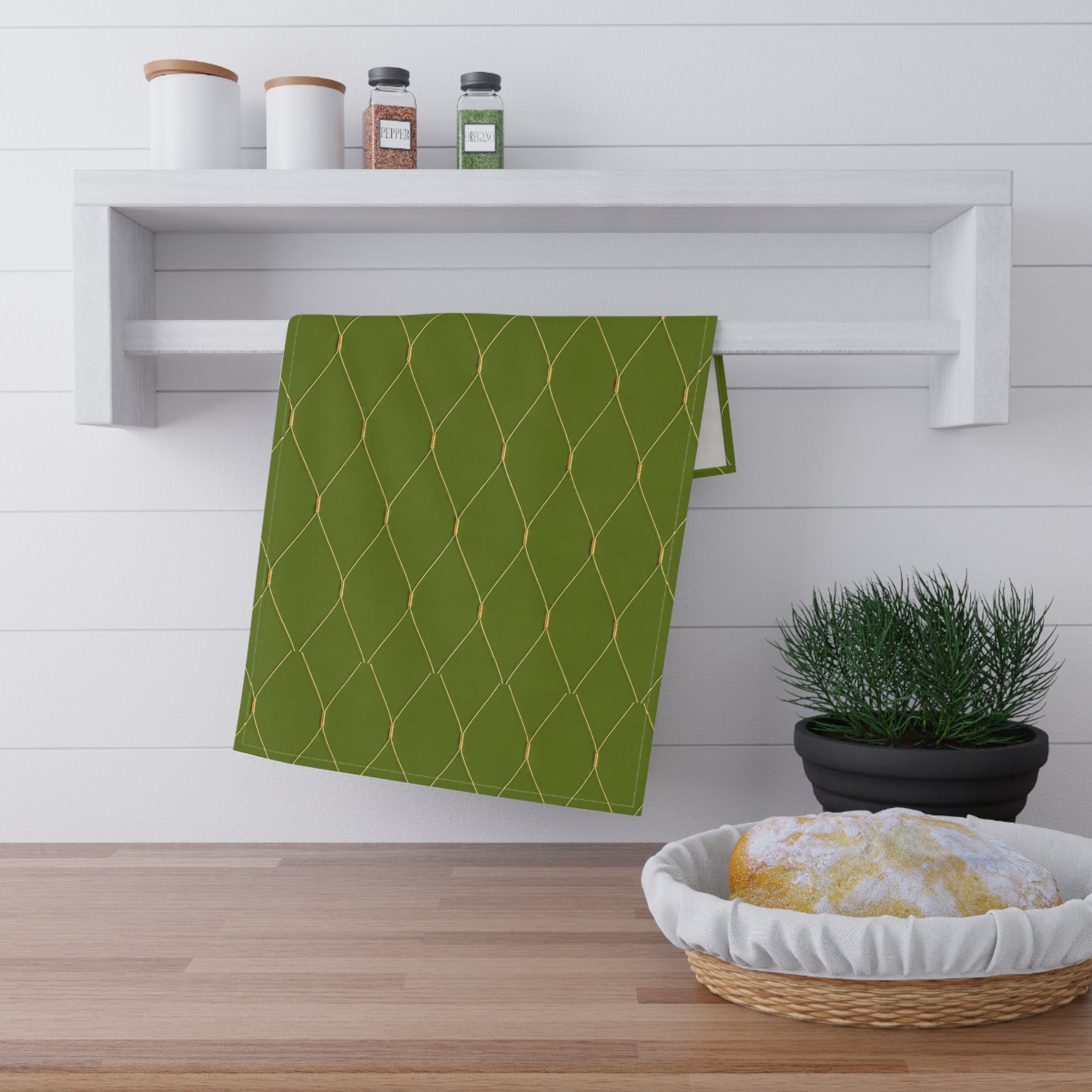 Customizable Gold Netting Wine Bottle Tea Towel — Green Bottle with Gold Netting Kitchen Towel Hostess Gift
