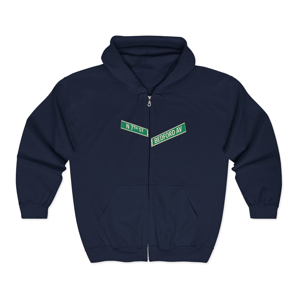 Williamsburg Street Sign Zip Up Hoodie | Brooklyn Bedford Avenue North 7th Hooded Sweatshirt