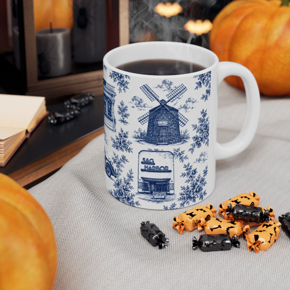Sag Harbor Blue Toile de Jouy Mug | Hamptons Chinoiserie Ceramic Coffee Cup