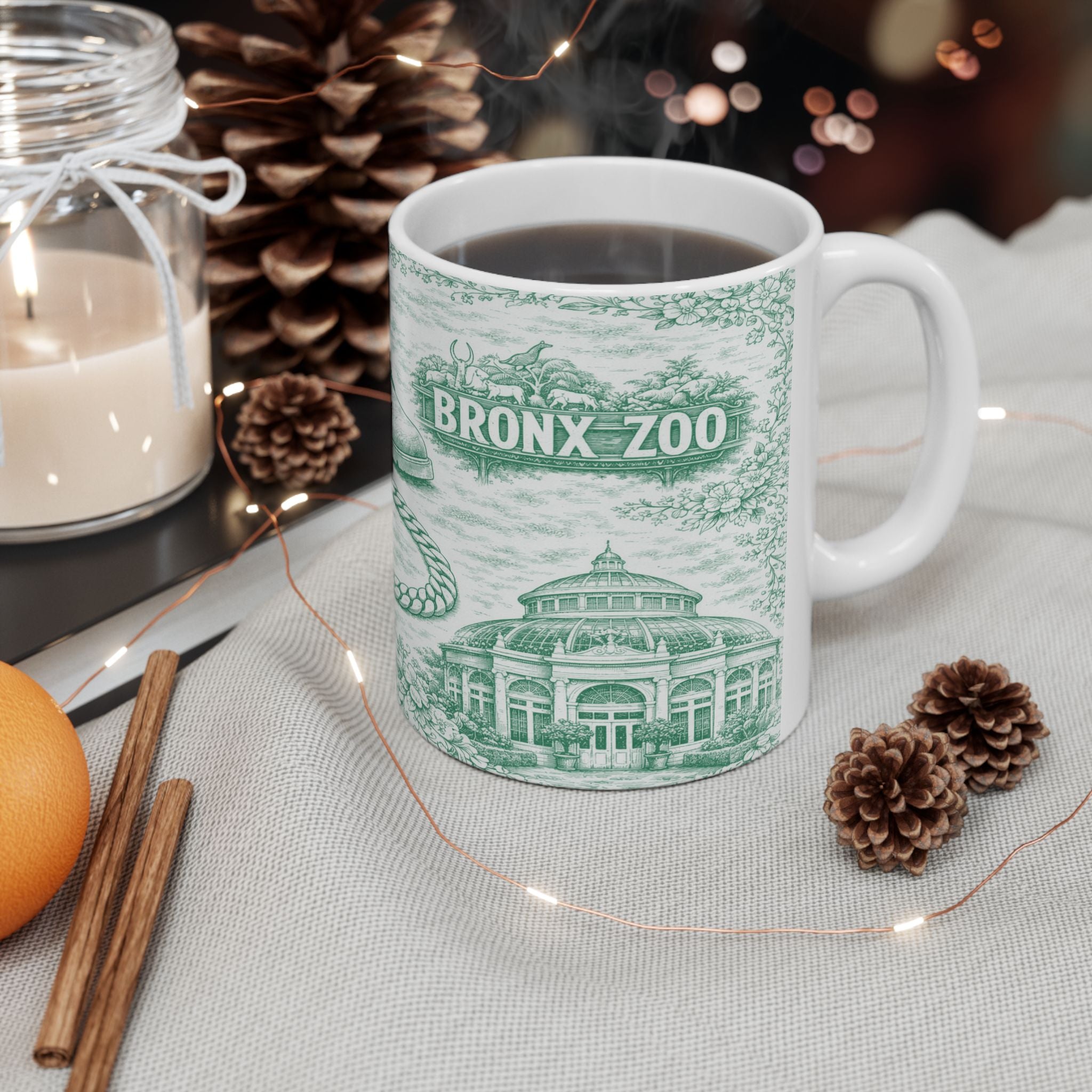 Bronx Green Toile de Jouy Mug | NYC Chinoiserie Ceramic Coffee Cup