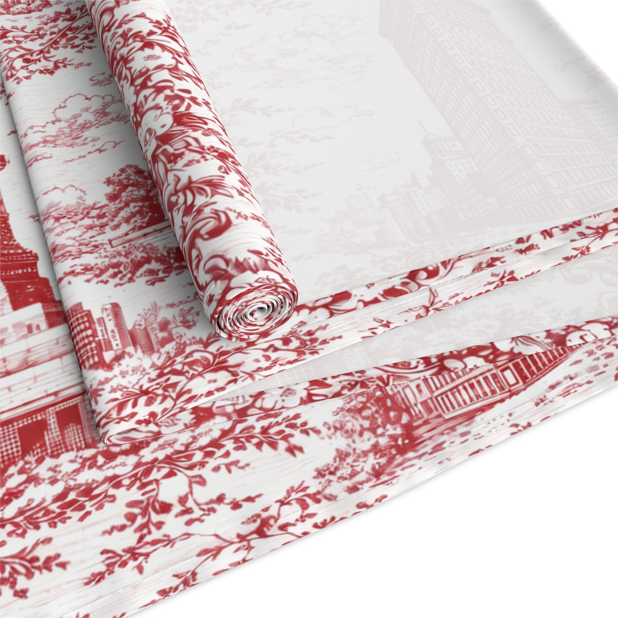 Red Toile de Jouy New York City Cityscape Table Runner — Scenic NYC Chinoiserie Skyline Dining Table Decor