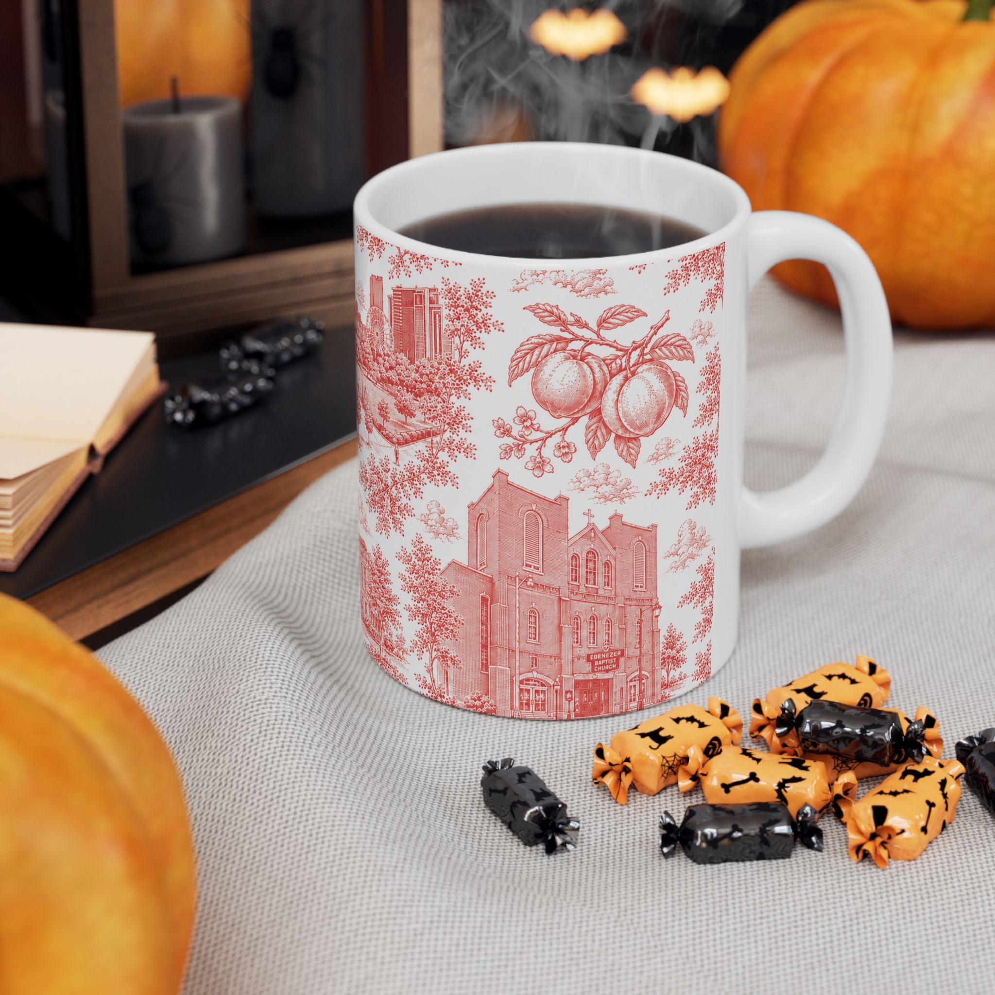 Atlanta Red Toile de Jouy Ceramic Mug — Atlanta, Georgia Skyline & Capitol Illustration (11oz)