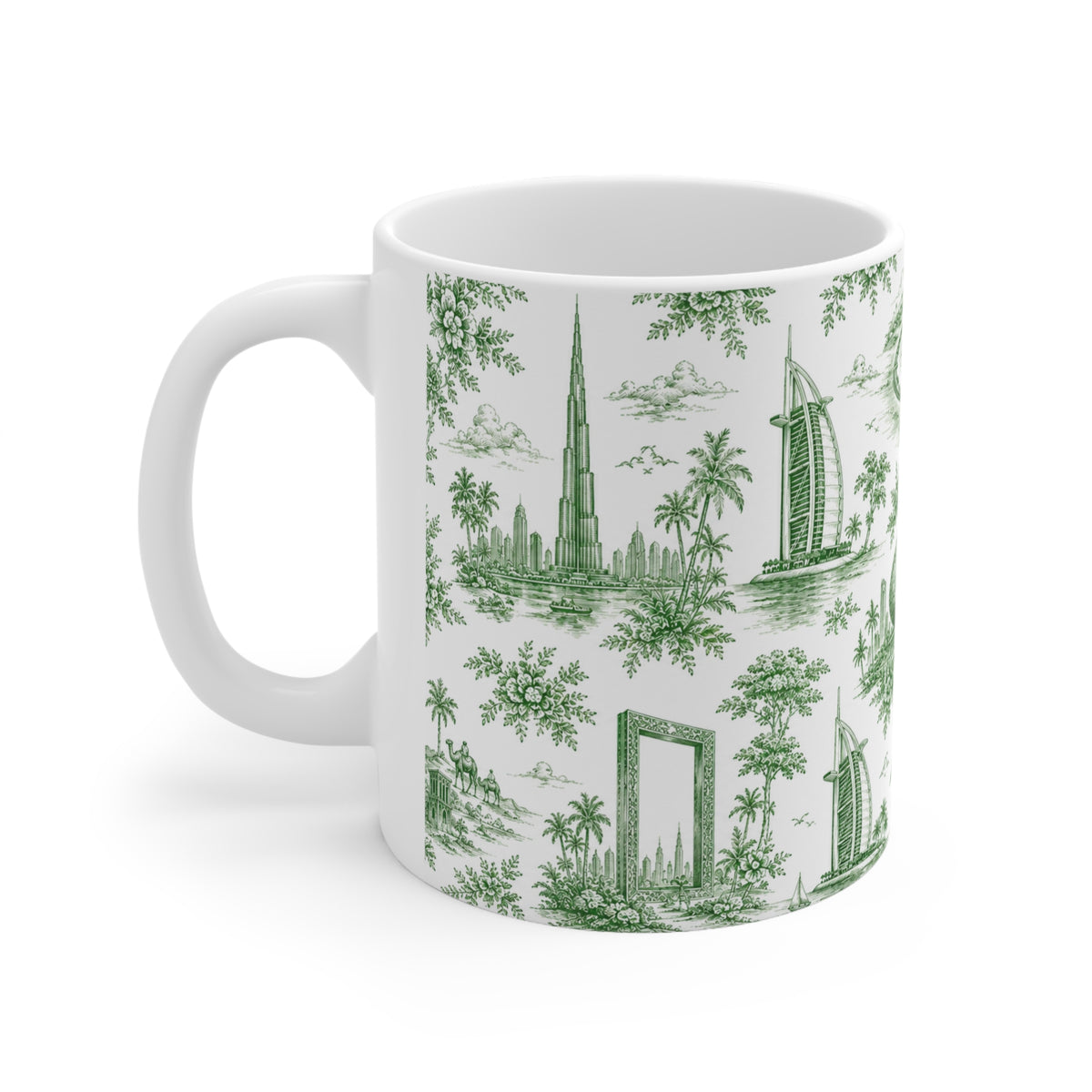Dubai Green Toile de Jouy Ceramic Mug -  Coffee Cup (11oz; Ships from Europe)