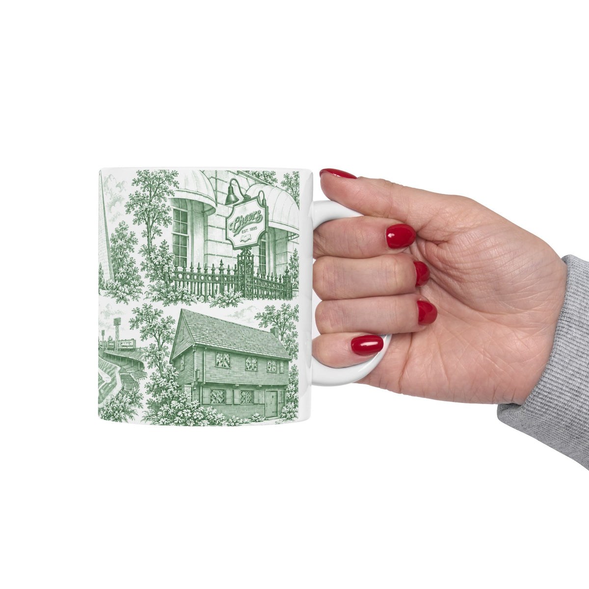 Boston Green Toile de Jouy Mug — Green Scenic Ceramic Coffee Cup (11oz)