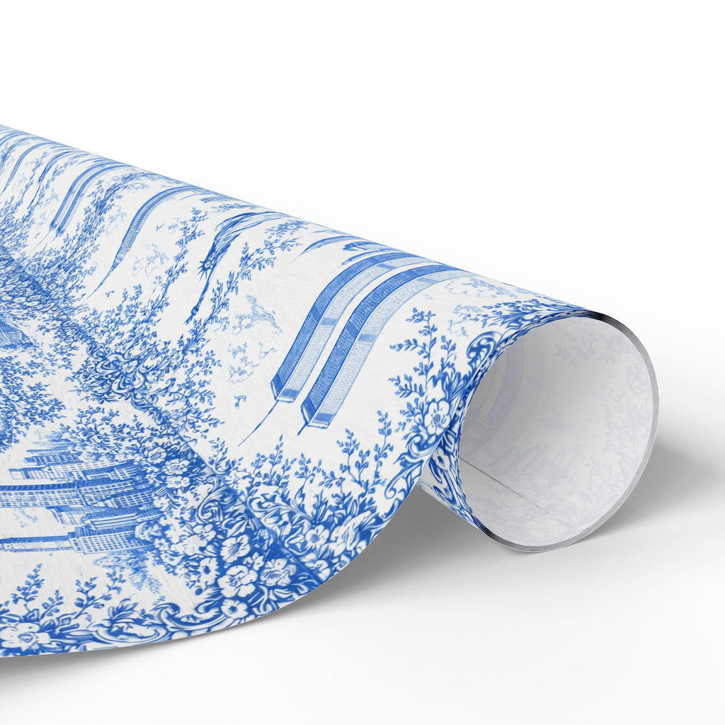 Manhattan NYC Blue Toile Gift Wrapping Papers   Chinoiserie New York City Gift Wrap Empire State Building Twin Towers Statue of Liberty