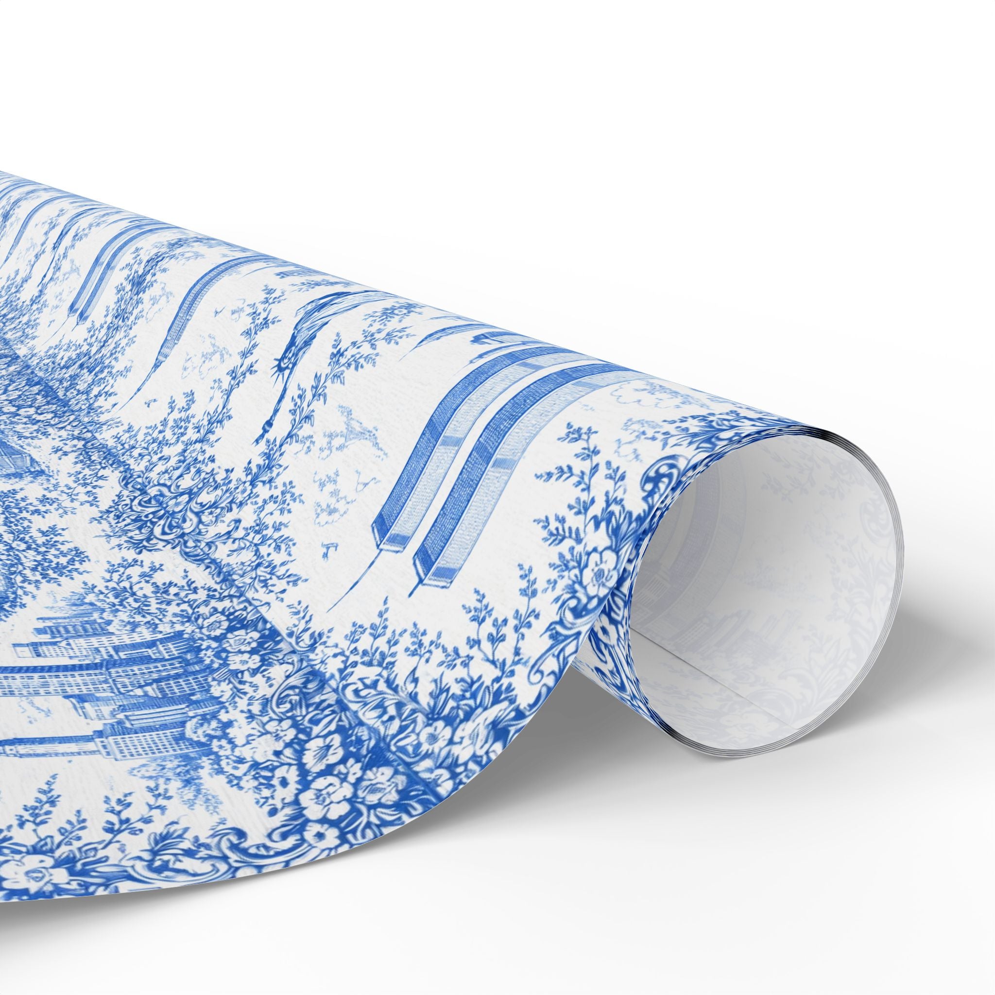Manhattan NYC Blue Toile Gift Wrapping Papers   Chinoiserie New York City Gift Wrap Empire State Building Twin Towers Statue of Liberty
