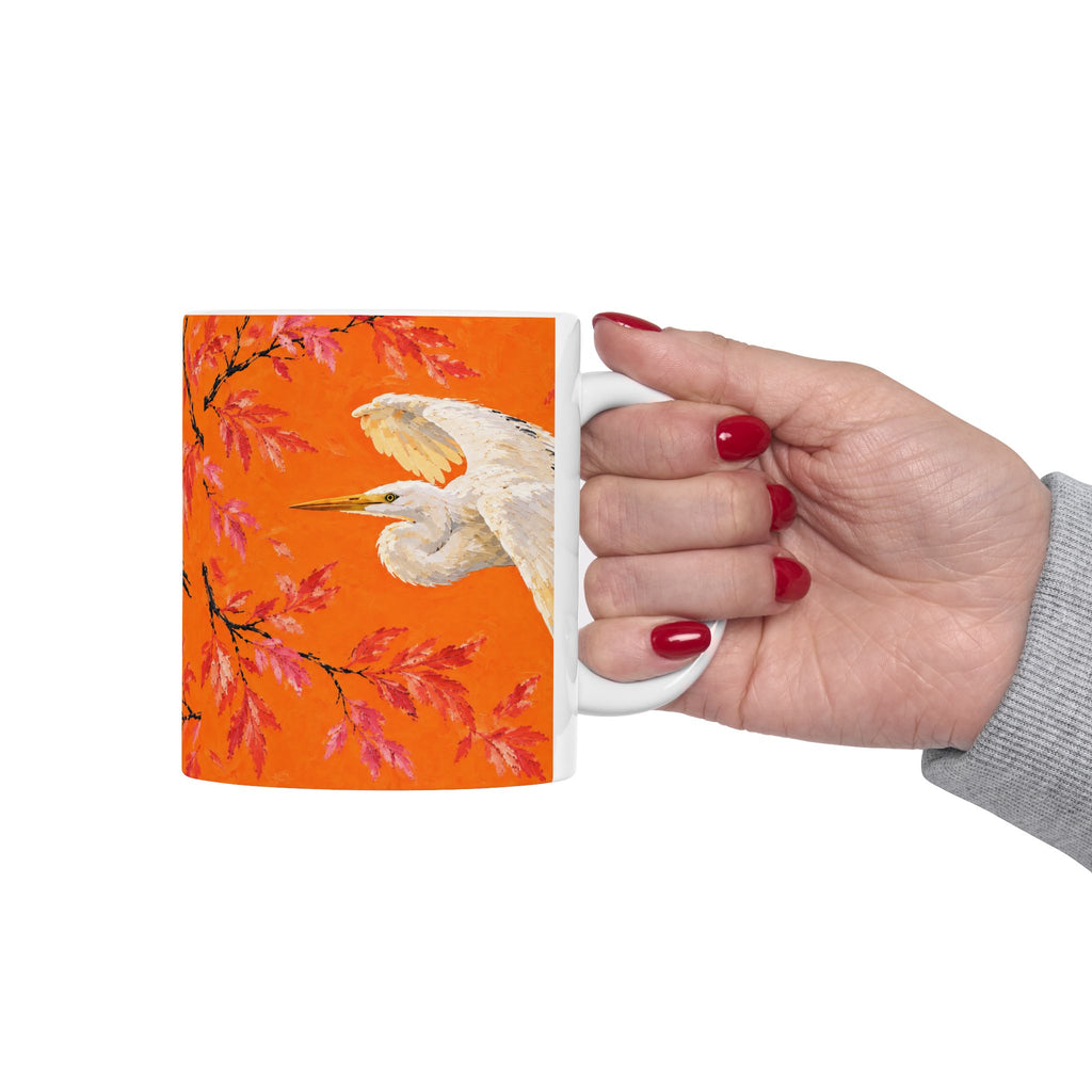Jamaica Bay Great Egret Ceramic Mug — Orange Coffee or Tea Cup (11oz)
