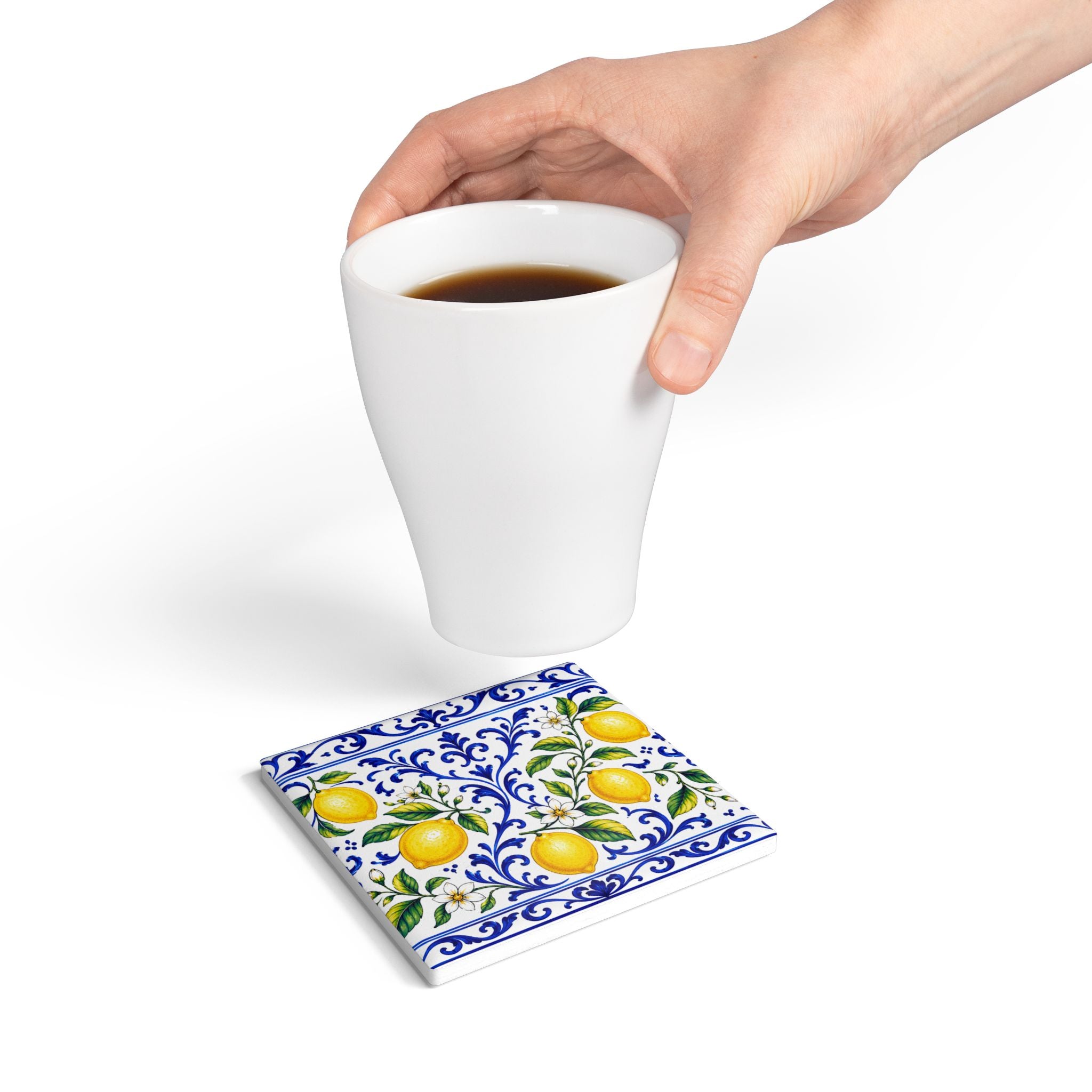 Little Italy Amalfi Blue and White with Lemon Ceramic Coaster — Mediterranean Lemon Pattern Drink Coaster