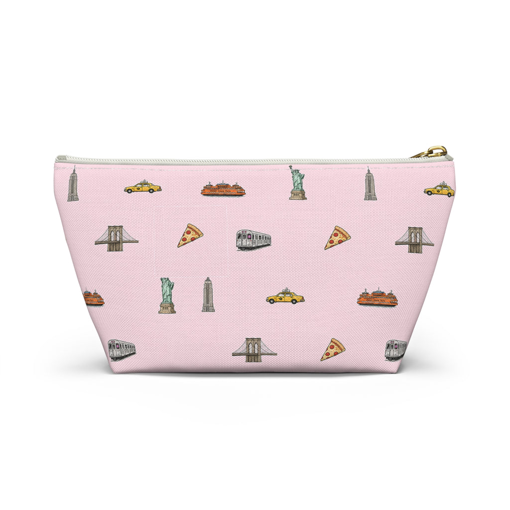 Icons of New York City Pink  Accessory Pouch — T-Bottom Makeup Bag with Statue of Liberty, Taxi & Pizza Pattern