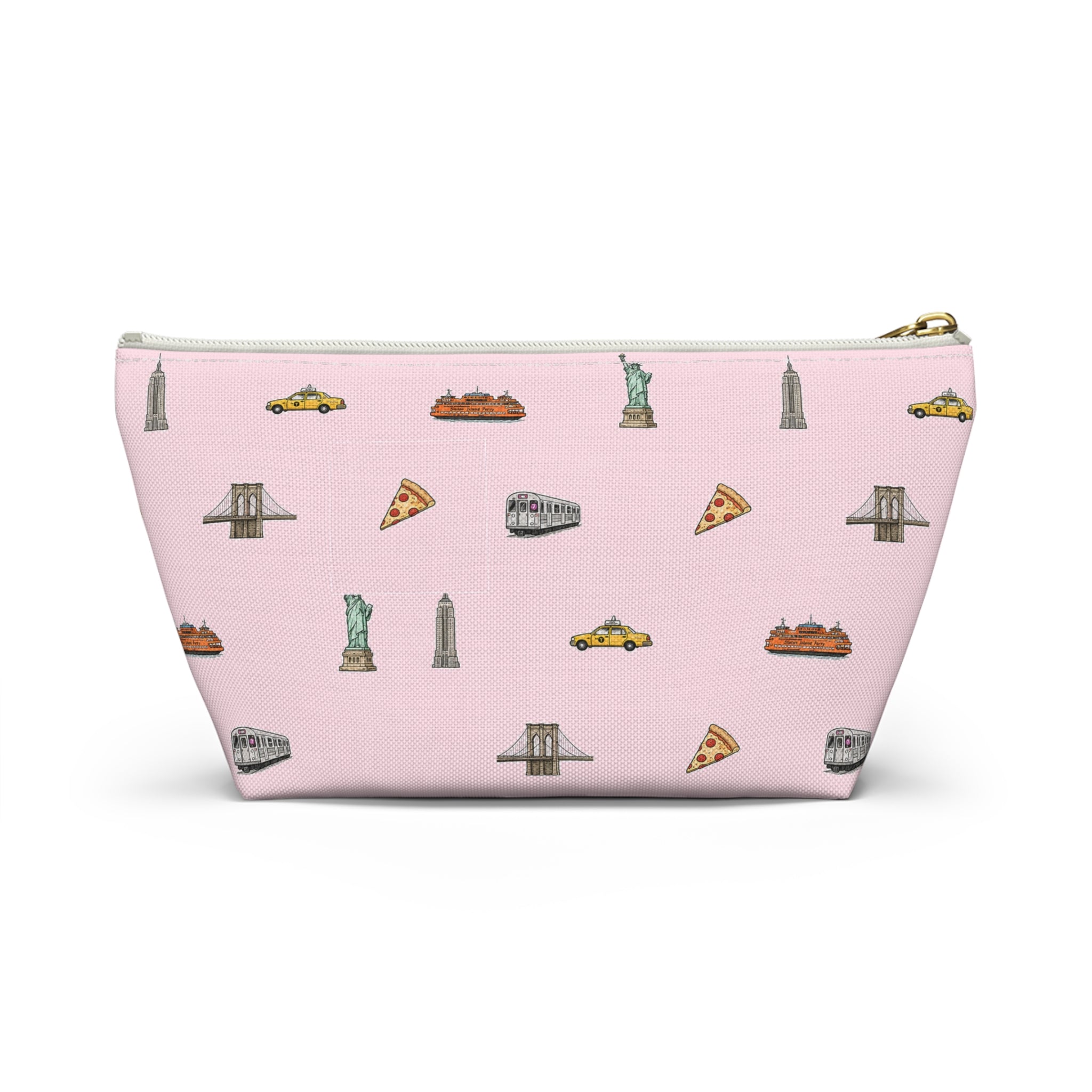 Icons of New York City Pink  Accessory Pouch — T-Bottom Makeup Bag with Statue of Liberty, Taxi & Pizza Pattern