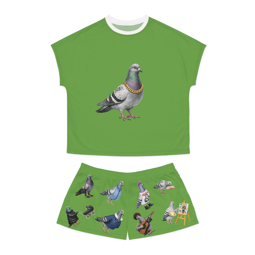Green NYC Pigeon Pattern Short Pajama Set | New York City Bird Lovers PJs Cozy Sleepwear
