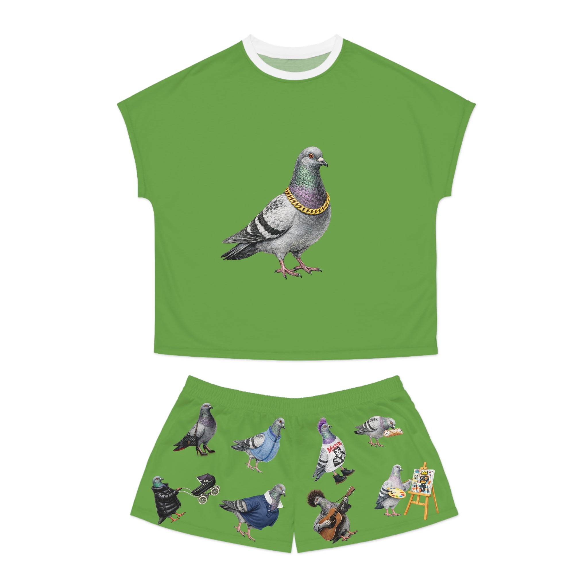 Green NYC Pigeon Pattern Short Pajama Set | New York City Bird Lovers PJs Cozy Sleepwear