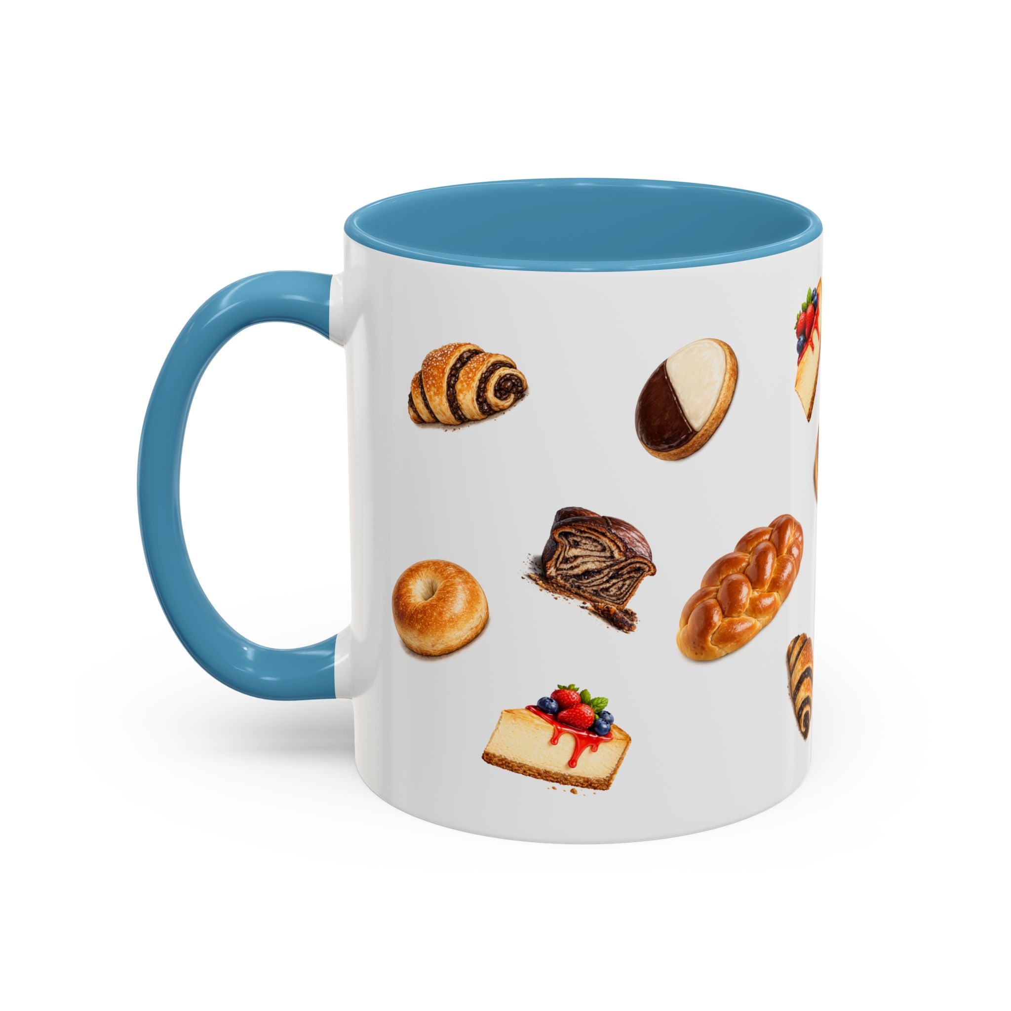 NYC Kosher Bakery Pattern Mug | Babka Cheesecake Rugelach Black + White Cookie Challah Bagel 11oz Ceramic Coffee Cup