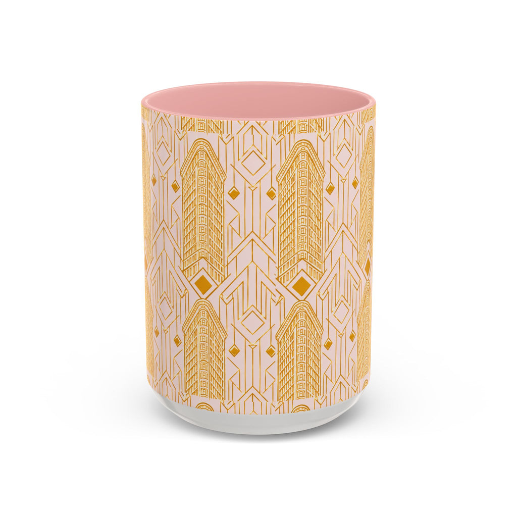 Art Deco Flatiron Building Pink & Gold Accent Coffee Mug — Manhattan Art Deco Pattern Mug 11 oz