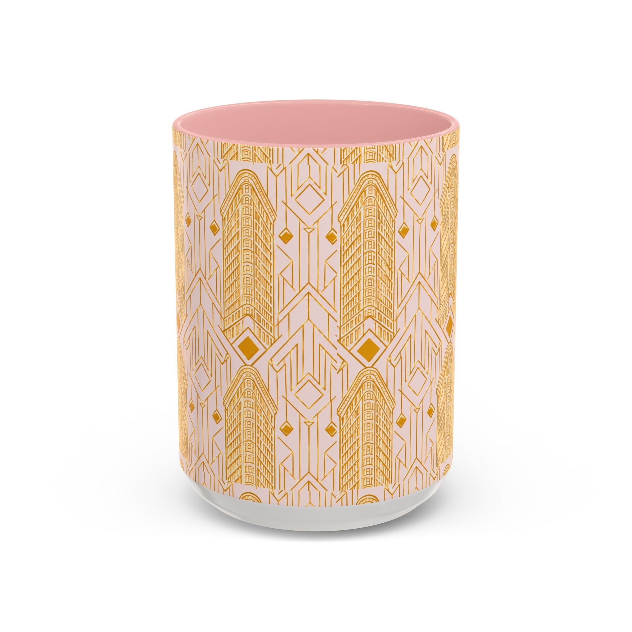 Art Deco Flatiron Building Pink & Gold Accent Coffee Mug — Manhattan Art Deco Pattern Mug 11 oz