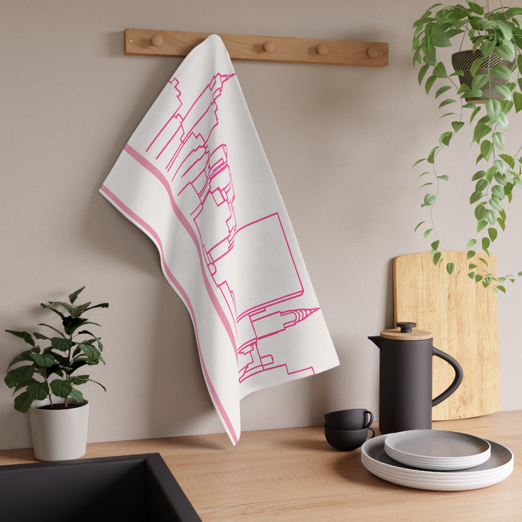 NYC Manhattan Skyline Pink Tea Towel — Minimal Pink & White New York City Skyline Kitchen Linen