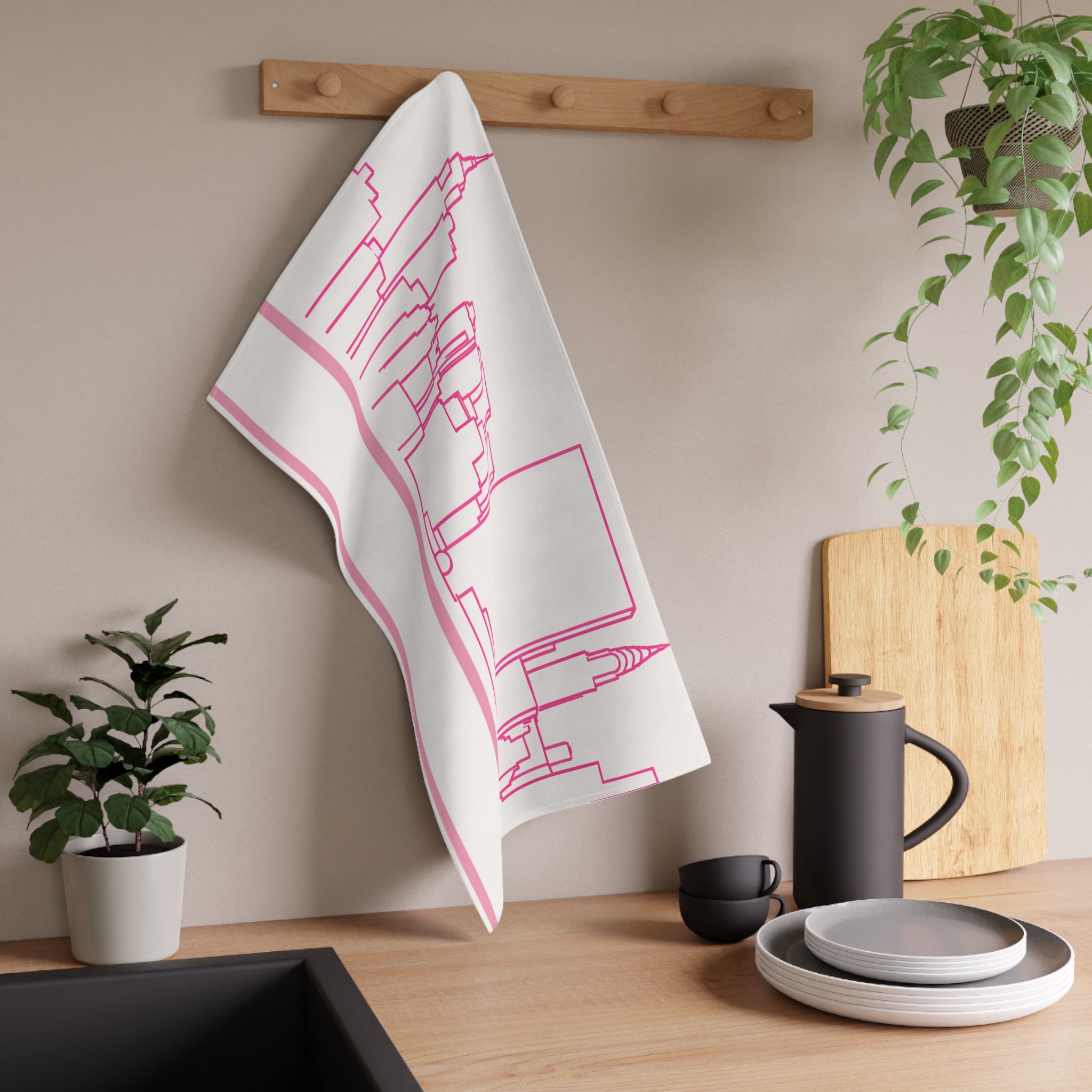 NYC Manhattan Skyline Pink Tea Towel — Minimal Pink & White New York City Skyline Kitchen Linen