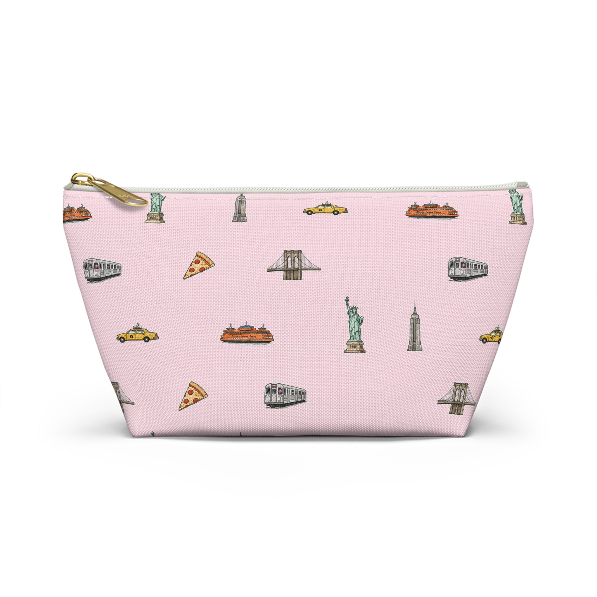 Icons of New York City Pink  Accessory Pouch — T-Bottom Makeup Bag with Statue of Liberty, Taxi & Pizza Pattern