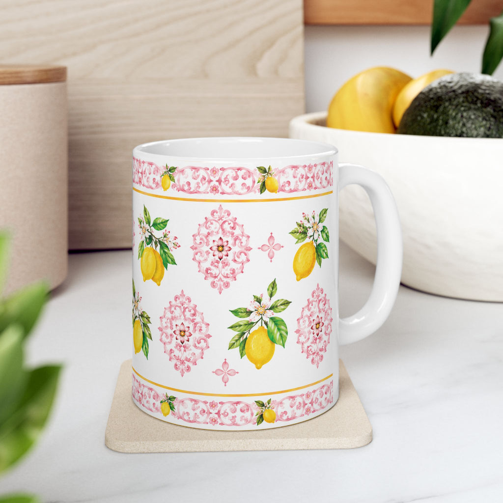 Little Italy Amalfi Pink with Lemon 3 Mug — Italian Mediterranean Pattern Coffee Cup (11oz)