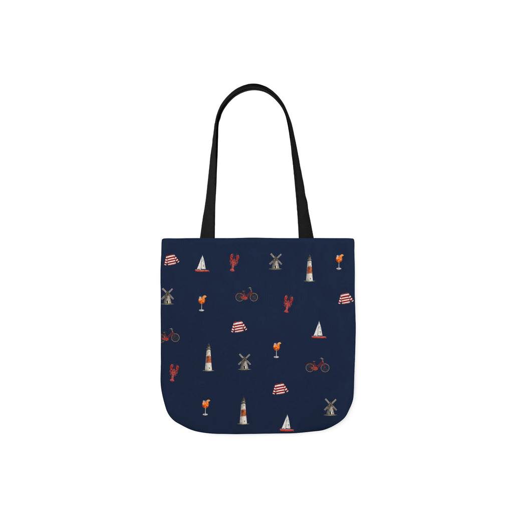 Icons of The Hamptons Blue Canvas Tote — Lighthouse, Windmill, Lobster, Sailboat print
