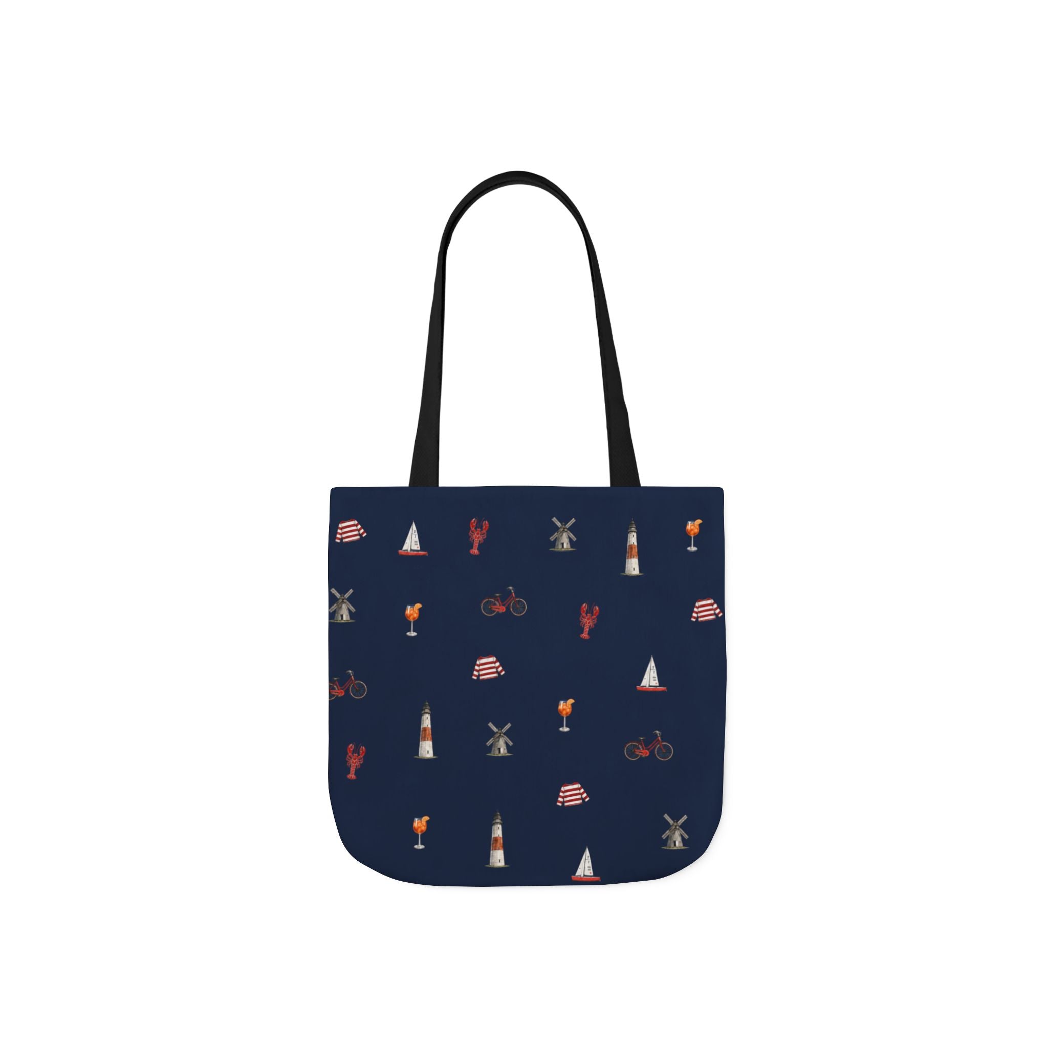 Icons of The Hamptons Blue Canvas Tote — Lighthouse, Windmill, Lobster, Sailboat print