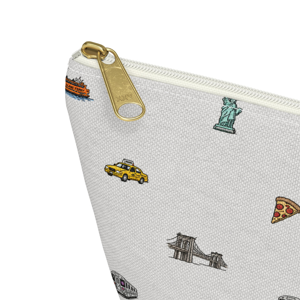 Icons of New York City Heather Gray Accessory Pouch — T-Bottom Makeup Bag with Statue of Liberty, Taxi & Pizza Pattern