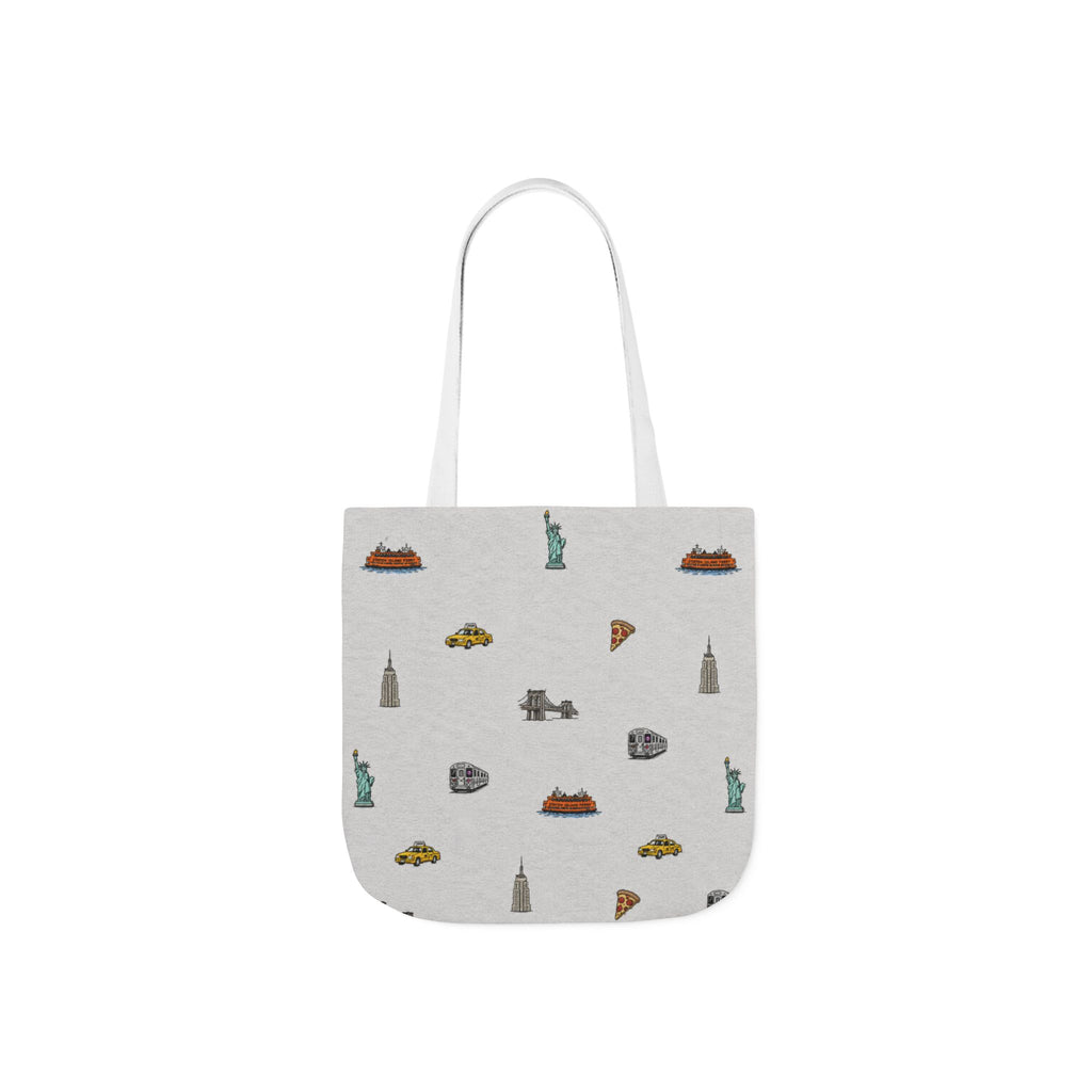 Icons of New York Heather Gray Canvas Tote — Statue of Liberty, Pizza & Taxi Pattern