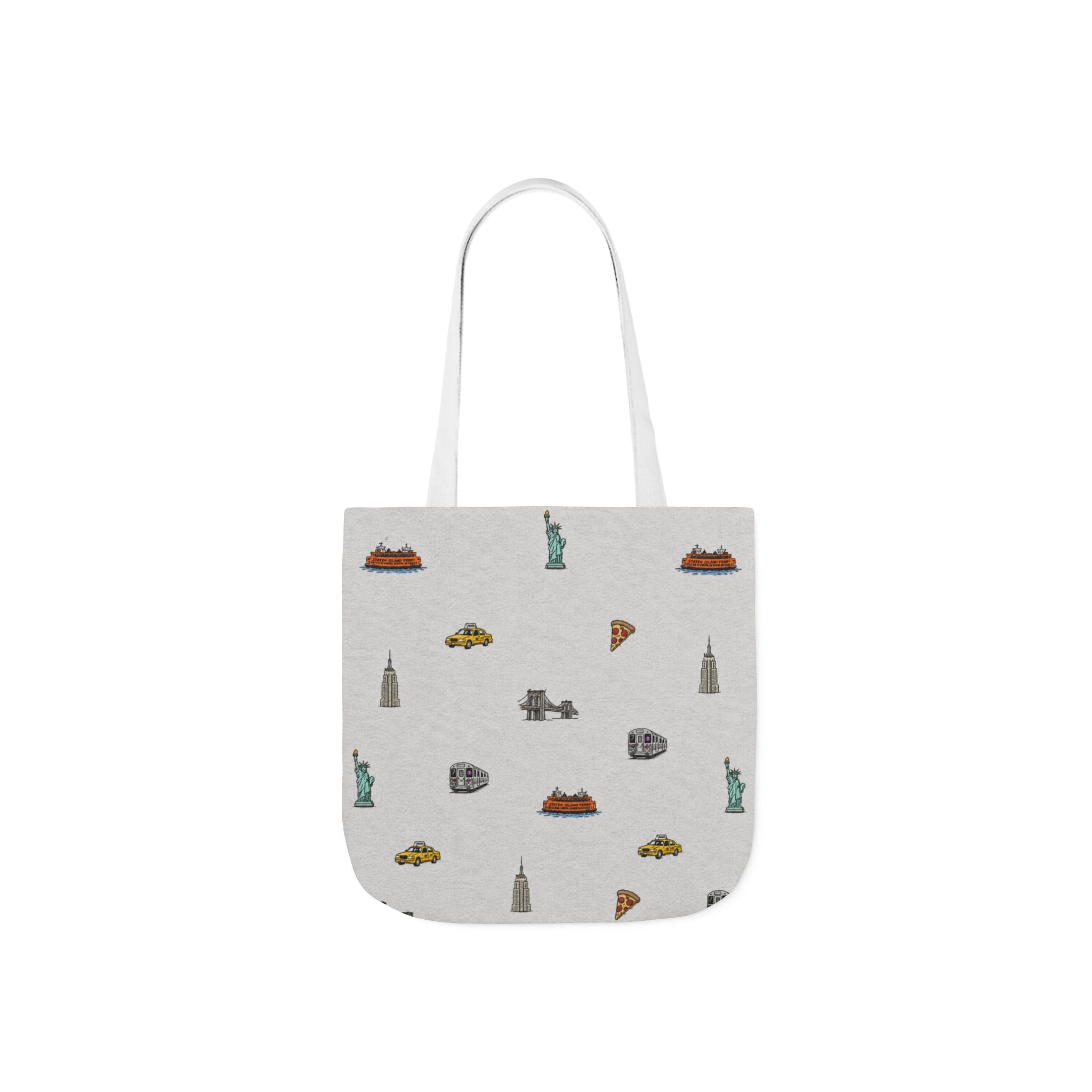 Icons of New York Heather Gray Canvas Tote — Statue of Liberty, Pizza & Taxi Pattern