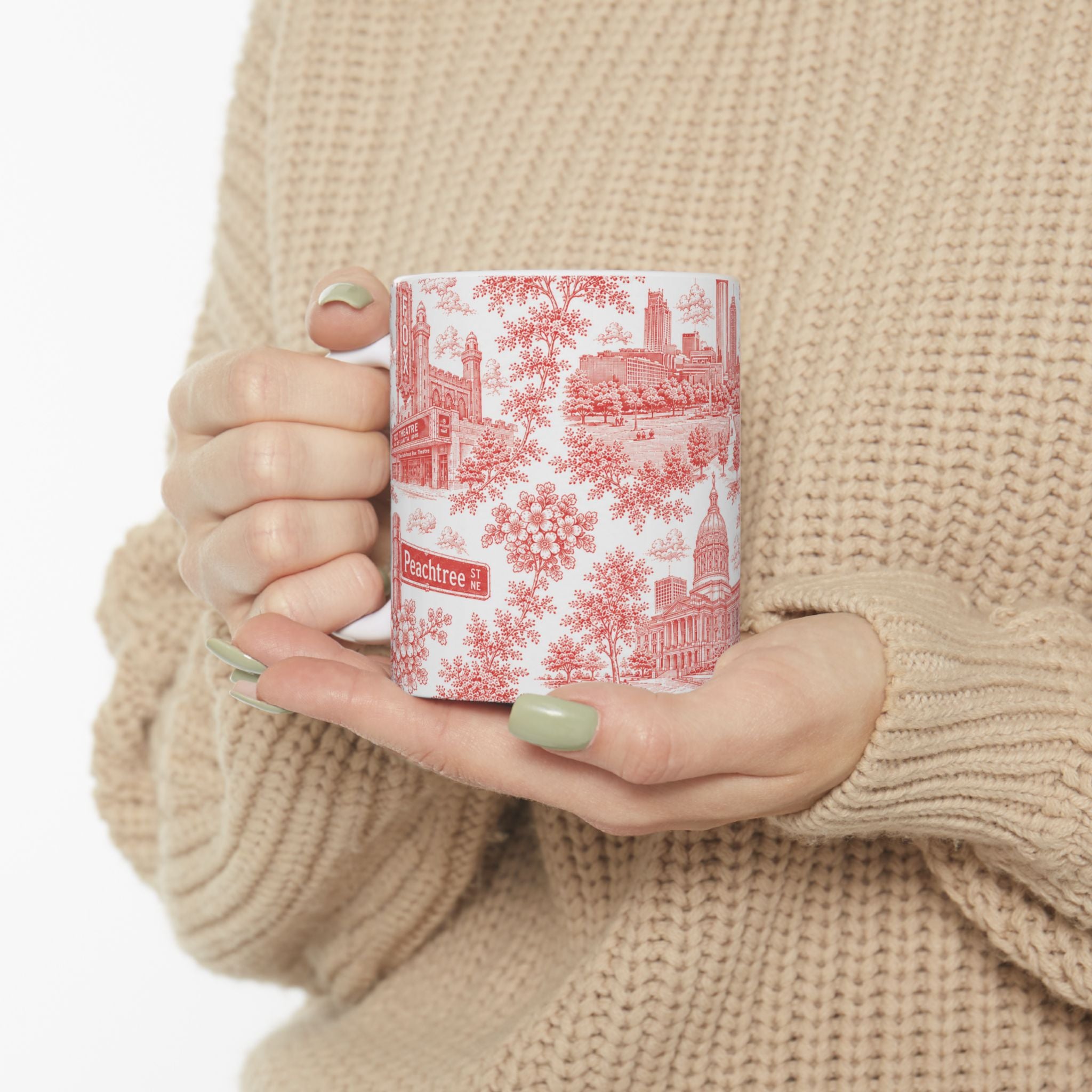Atlanta Red Toile de Jouy Ceramic Mug — Atlanta, Georgia Skyline & Capitol Illustration (11oz)