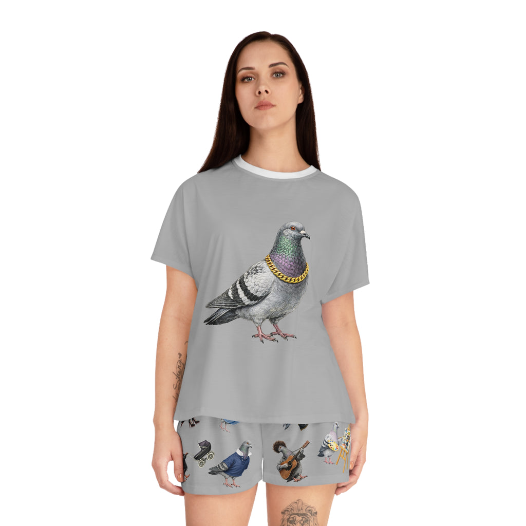 Gray NYC Pigeons Pattern Short Pajama Set | New York City Bird Lovers PJs Cozy Sleepwear