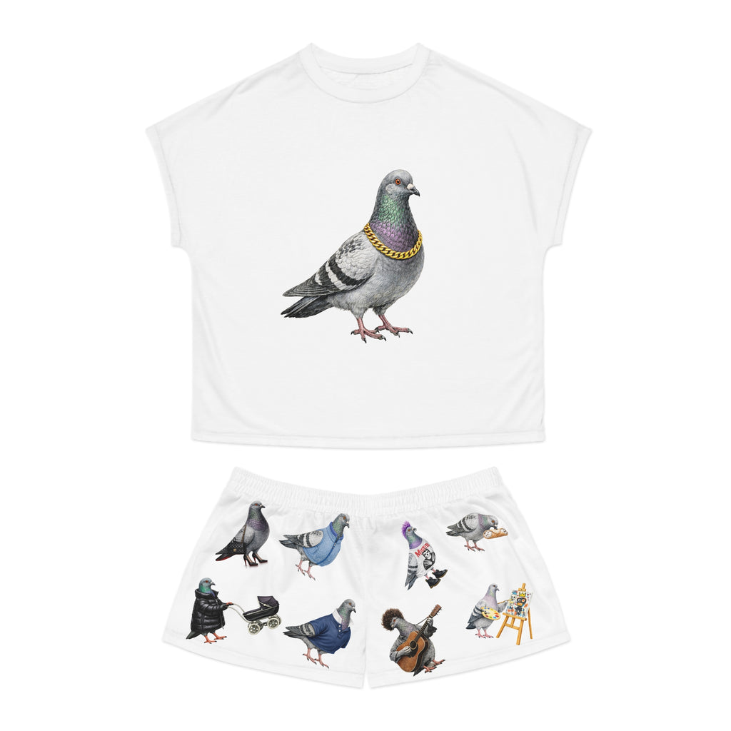 White NYC Pigeons Pattern Short Pajama Set | New York City Bird Lovers PJs Cozy Sleepwear
