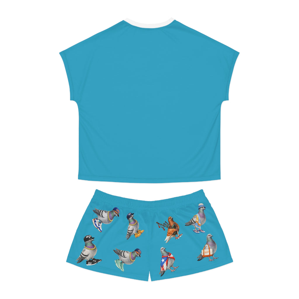 Blue NYC Pigeon Pattern Short Pajama Set | New York City Bird Lovers PJs Cozy Sleepwear