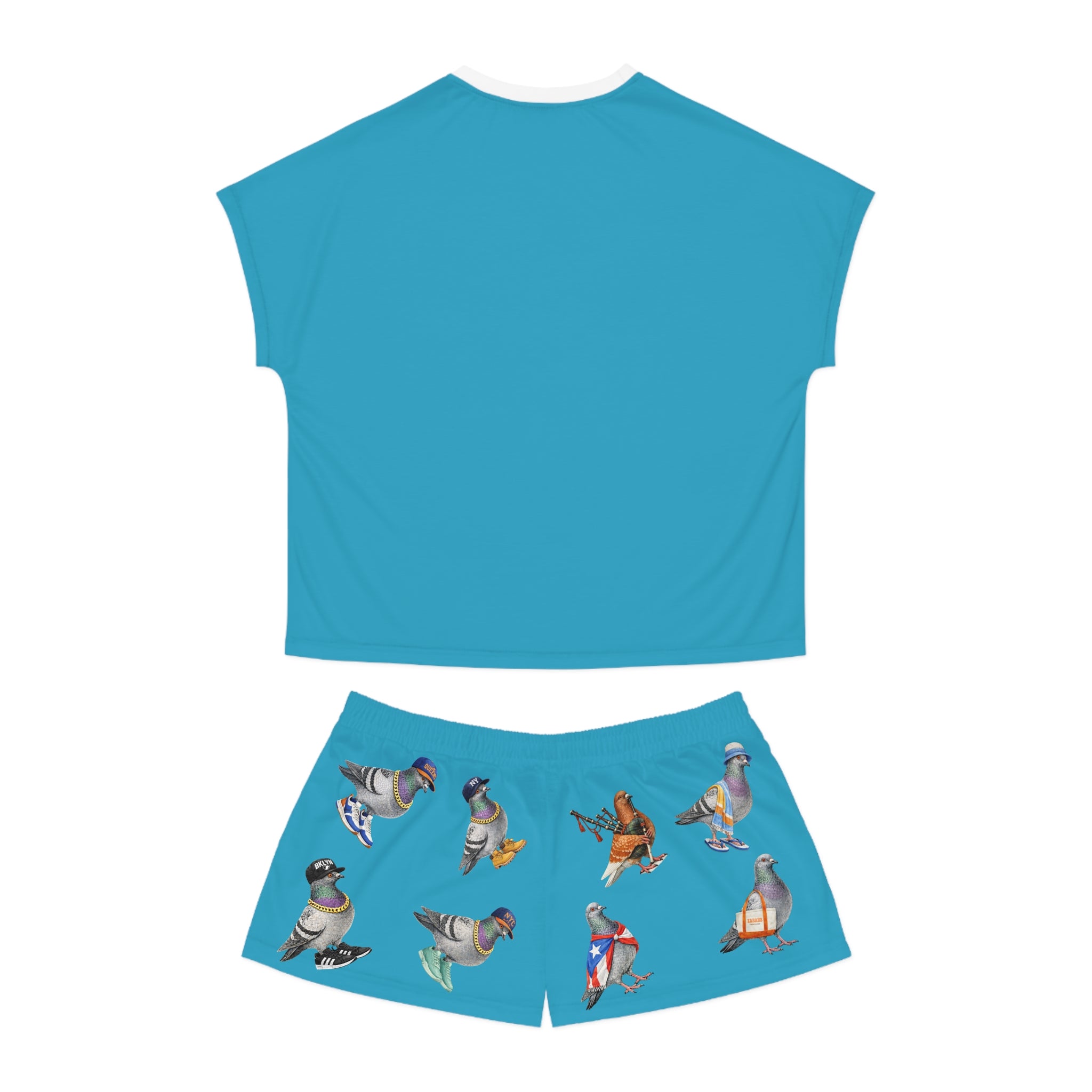 Blue NYC Pigeon Pattern Short Pajama Set | New York City Bird Lovers PJs Cozy Sleepwear