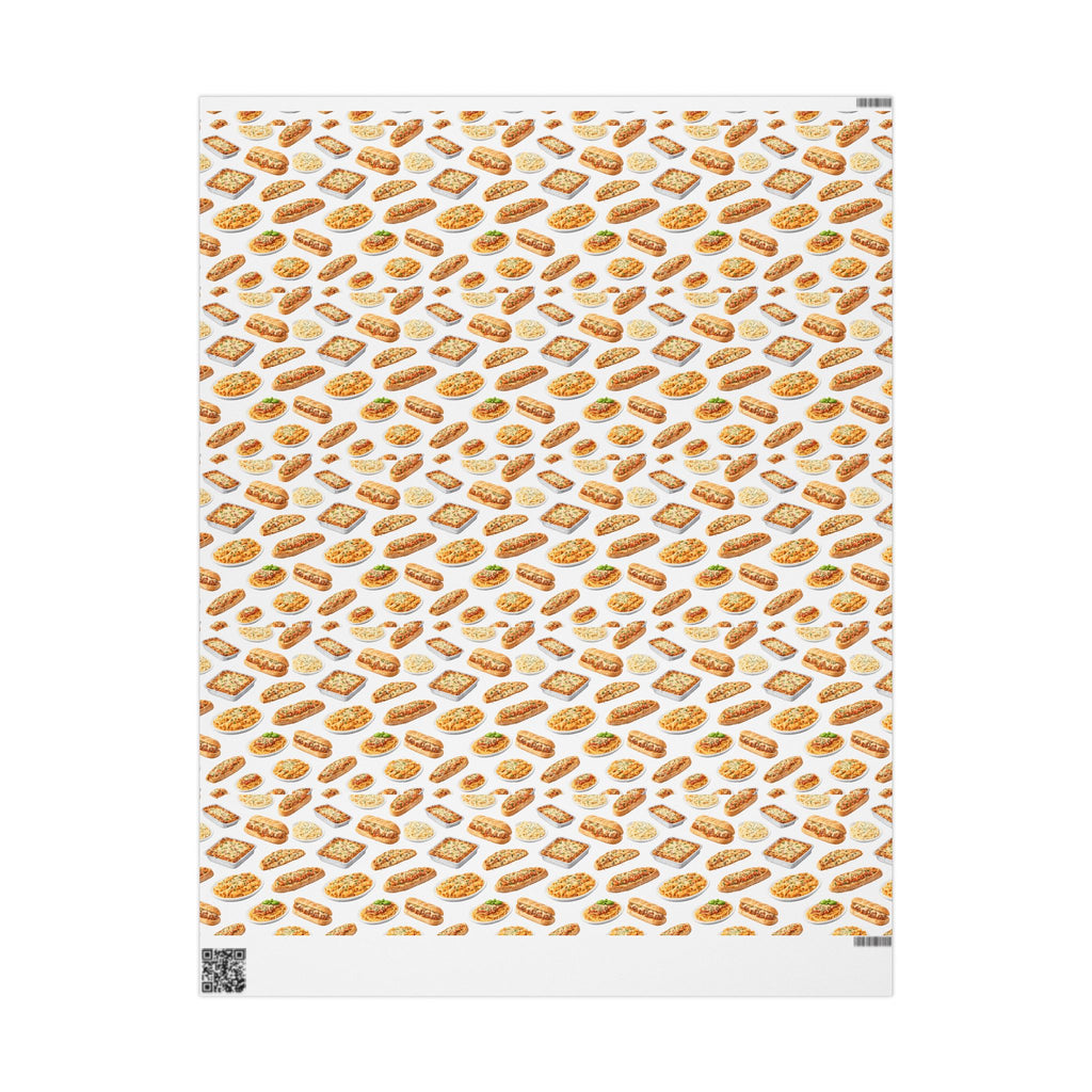 Italian Food Pattern White Gift Wrap Paper | Pasta Spaghetti Rigatoni Meatball Sub Wrapping Paper Roll, Foodie Party Wrap