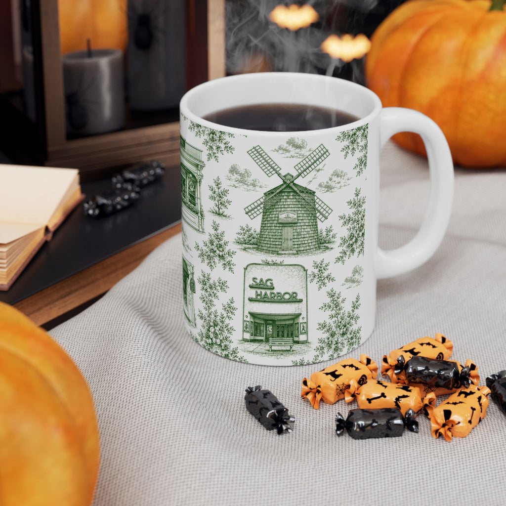 Sag Harbor Green Toile de Jouy Mug | Hamptons Chinoiserie Ceramic Coffee Cup