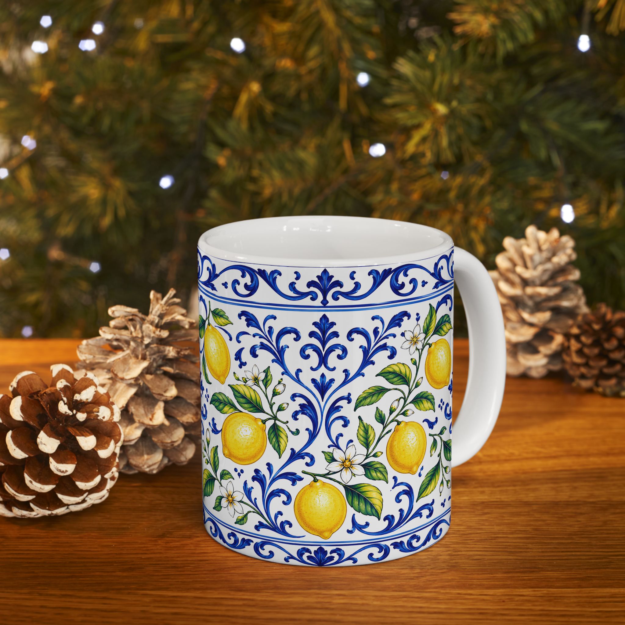 Little Italy Amalfi Blue and White with Lemon Mug — Italian Mediterranean Pattern Coffee Cup (11oz)