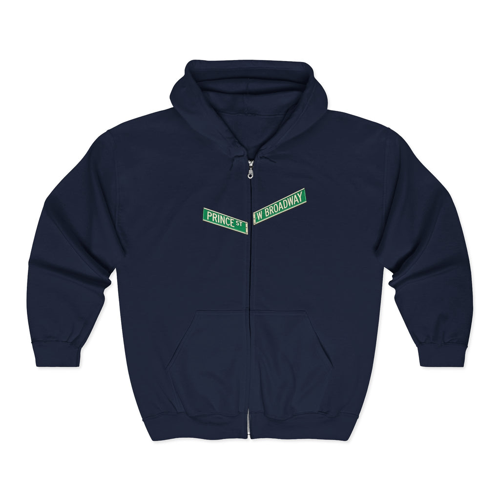 Sudadera con capucha y cremallera con letrero de SoHo Street | Nueva York centro de Manhattan Prince y West Broadway sudadera con capucha