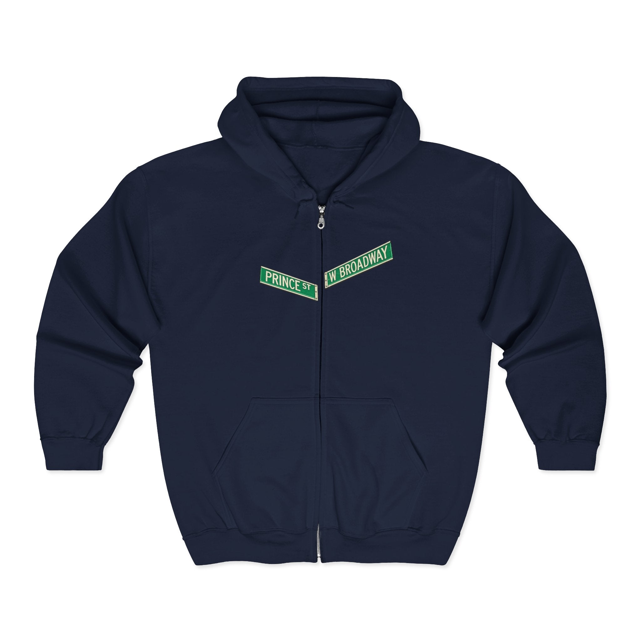 Sudadera con capucha y cremallera con letrero de SoHo Street | Nueva York centro de Manhattan Prince y West Broadway sudadera con capucha