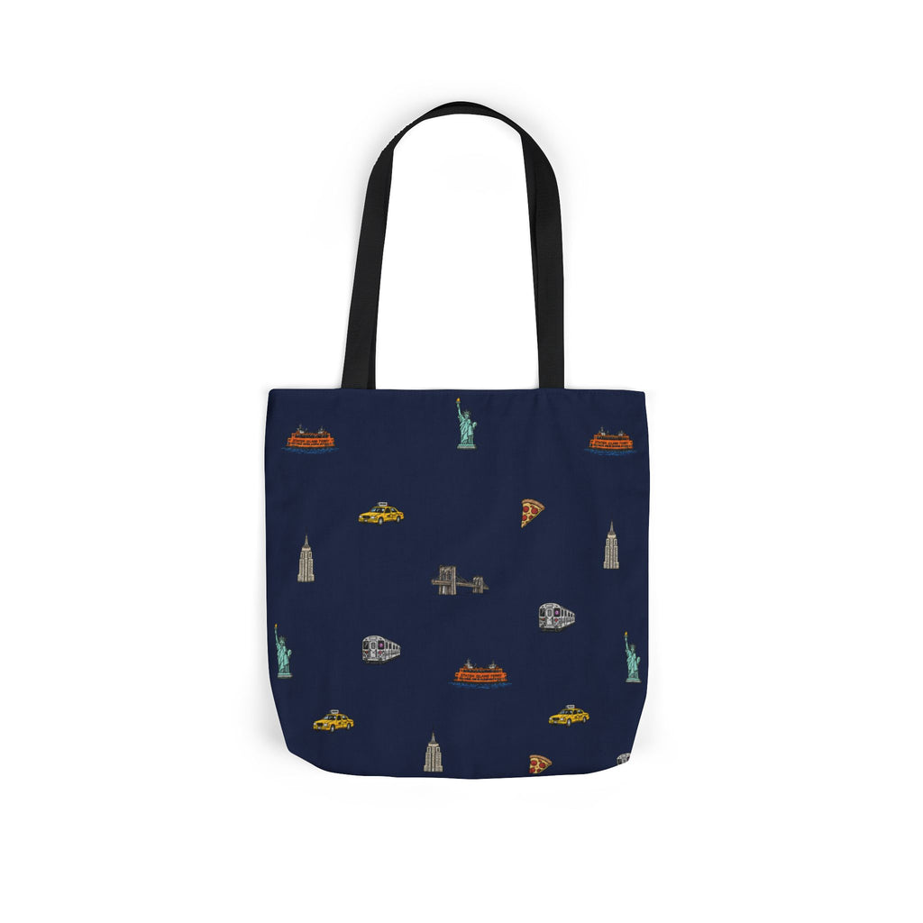 Icons of New York City Blue Canvas Tote — Statue of Liberty, Pizza & Taxi Pattern